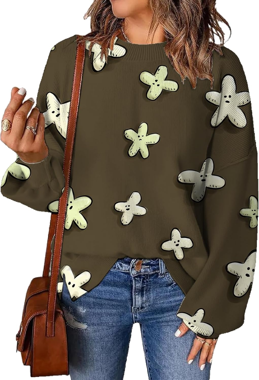 Floral Print Sweaters for Women Cute Long Sleeve Crewneck Casual Jumper Tops Chunky Comfy Knit Fall Winter Pullover