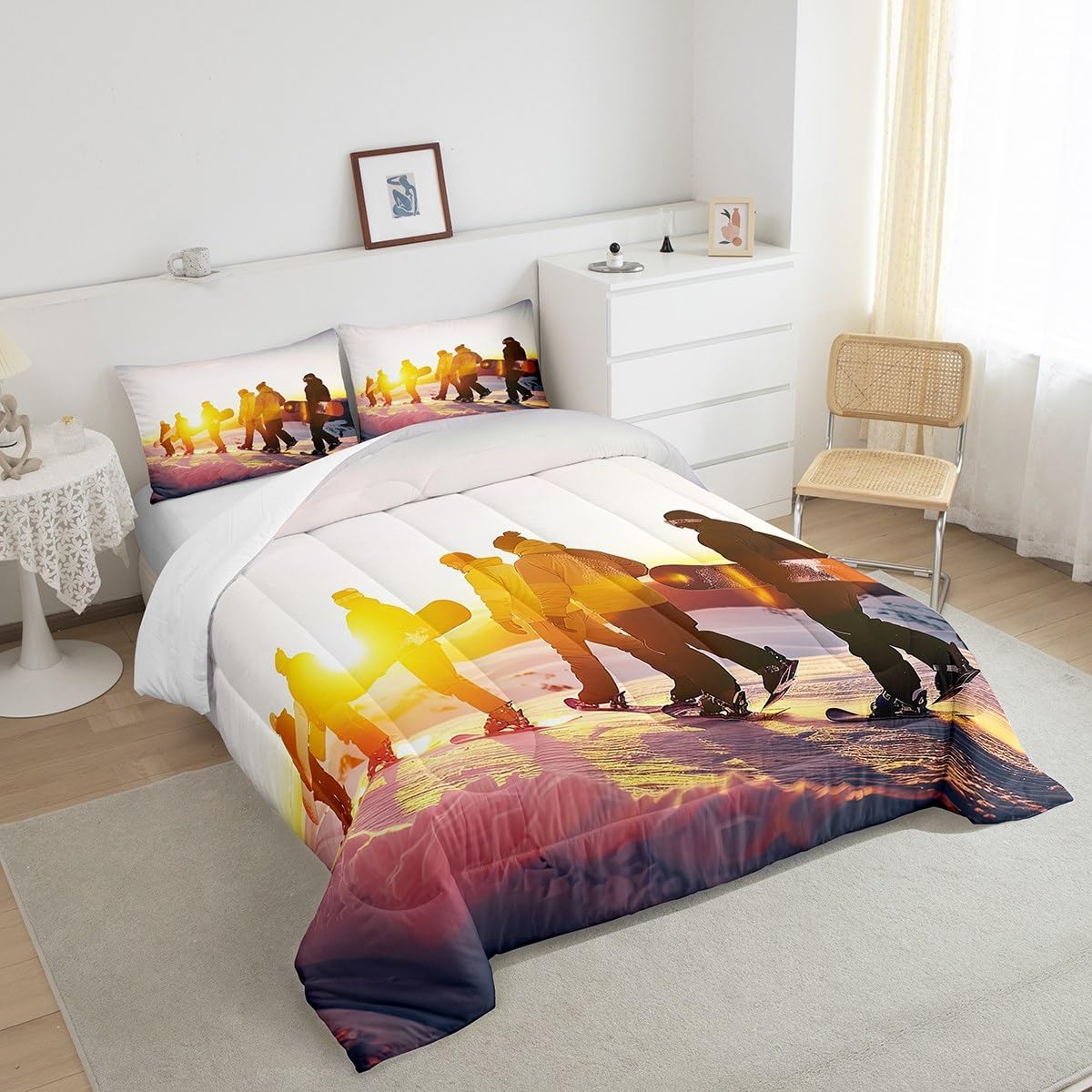 Ski Sports Comforter Set Winter Sports Theme Bedding Skier Snowboarding Bedding Comforter Sets Queen Size for Skiers Snowboarder, Extreme Sports Skiing Duvet Insert 3 Pieces for Friends Men Women