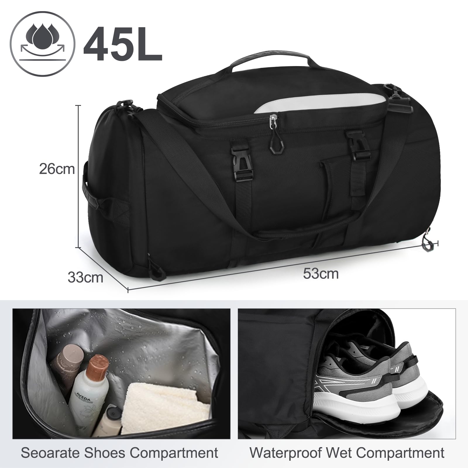 KYYLZ 45L Sporttasche Damen Herren, Groß Reisetasche mit Schuhfach und Nassfach Travel Duffle Bag mit Rucksack Weekender für Sporturlaub, Reisen, Fitnessstudio, Schwimmen, Schwarz - 3