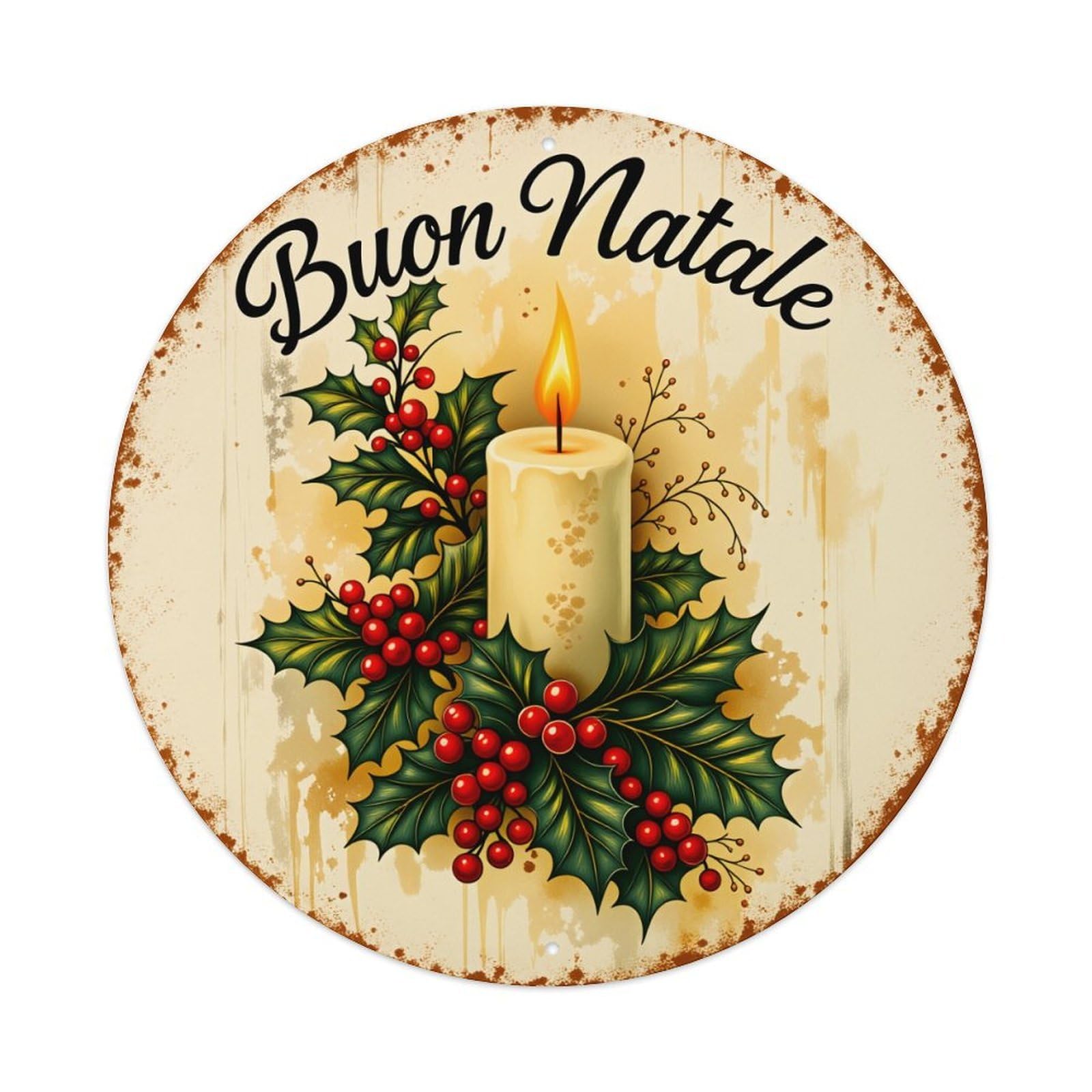 Candle Holly Berries Christmas Greeting Vintage Metal Tin Sign Retro Wall Decor for Home Bar Garage Cafe, Indoor & Outdoor Decorative，circle Metal Poster, 8x8 Inch