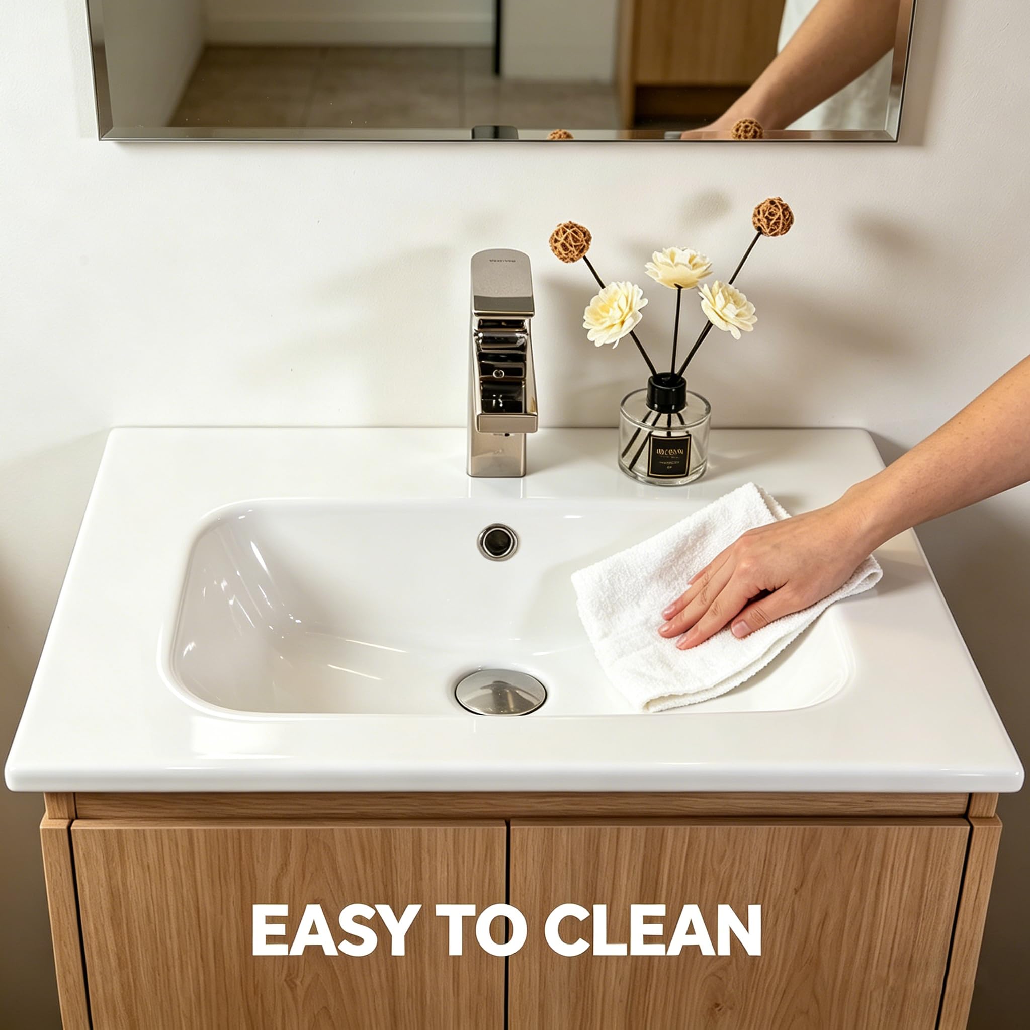 Lavabo Integrale a Incasso Soprapiano, Rettangolare in Ceramica Bianco Lucido, Lavandino Bagno con Foro Troppopieno (610 x 460 x 155 mm)