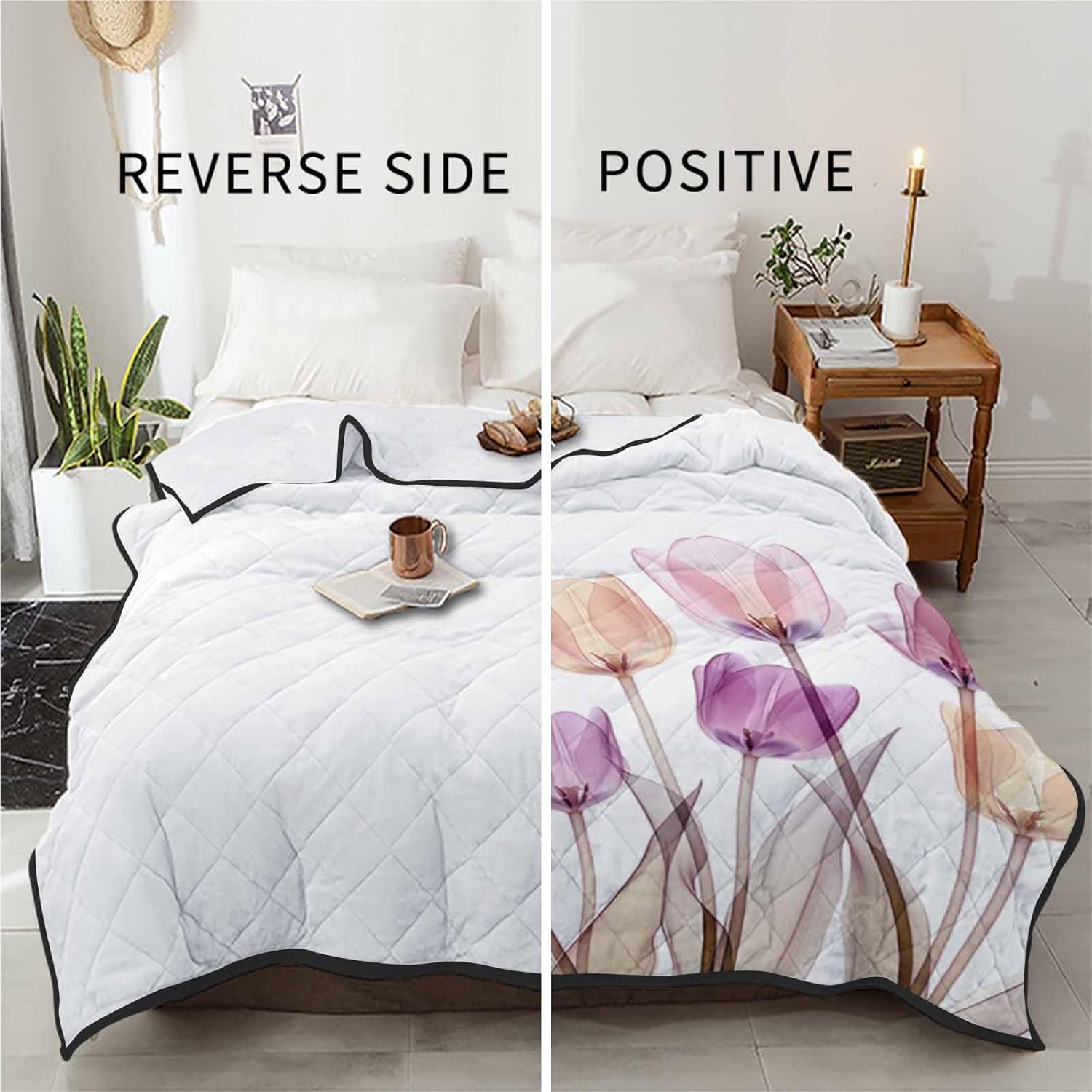 T&H XHome Quilt California King Luxury Quilted Comforter Bedspread-Thin Soft Cozy, Modern Minimalist Watercolor Tulip Flower Pattern Reversible Stitched Lightweight Quilt Coverlet for All Season