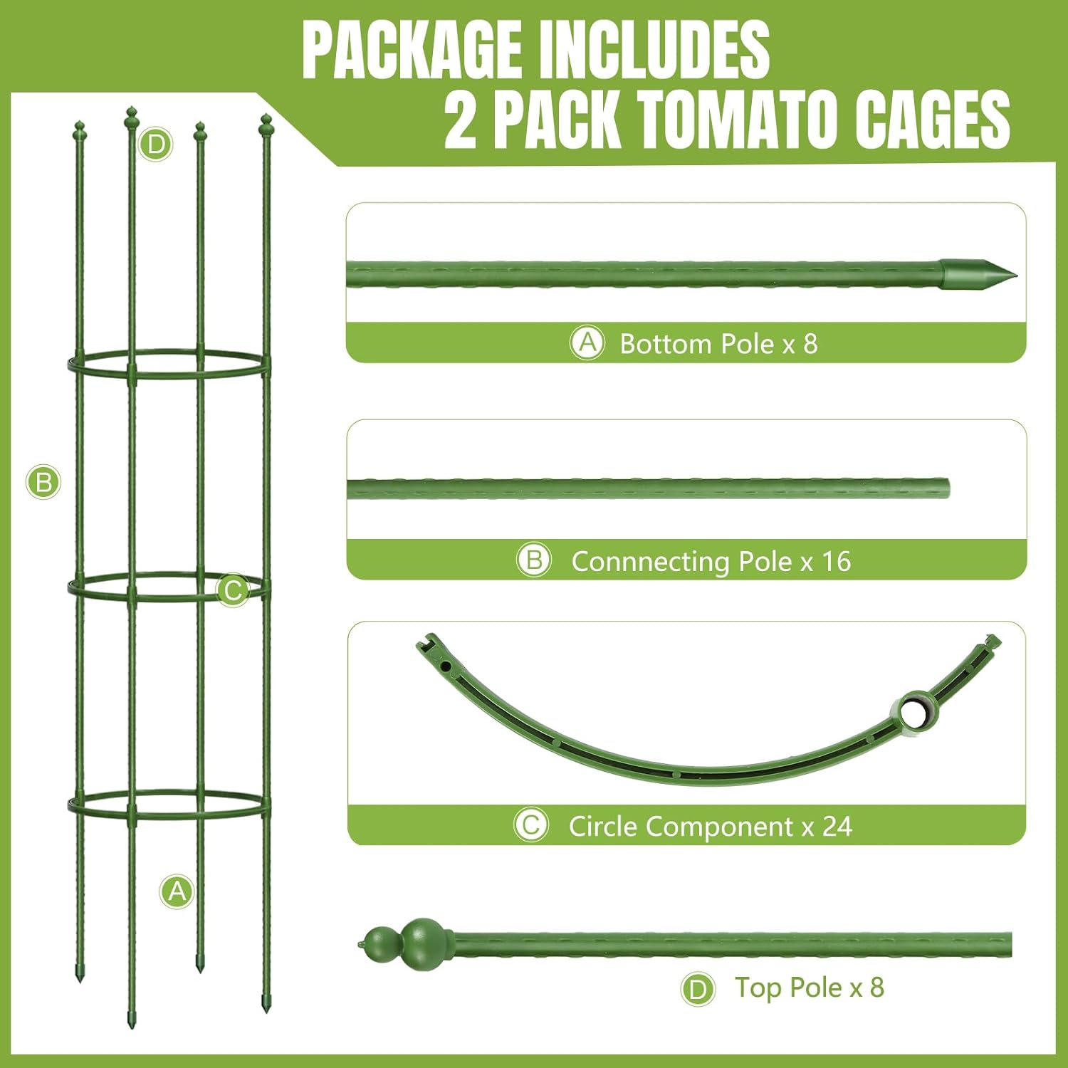 Joyhalo 2 Pack 65 Inch Tomato Cages for Garden, Upgraded Larger Size Heavy Duty Tomato Cage, Height Adjustable Tomatoes Trellis for Climbing Plants Vegetables Flowers Cucumber Peony