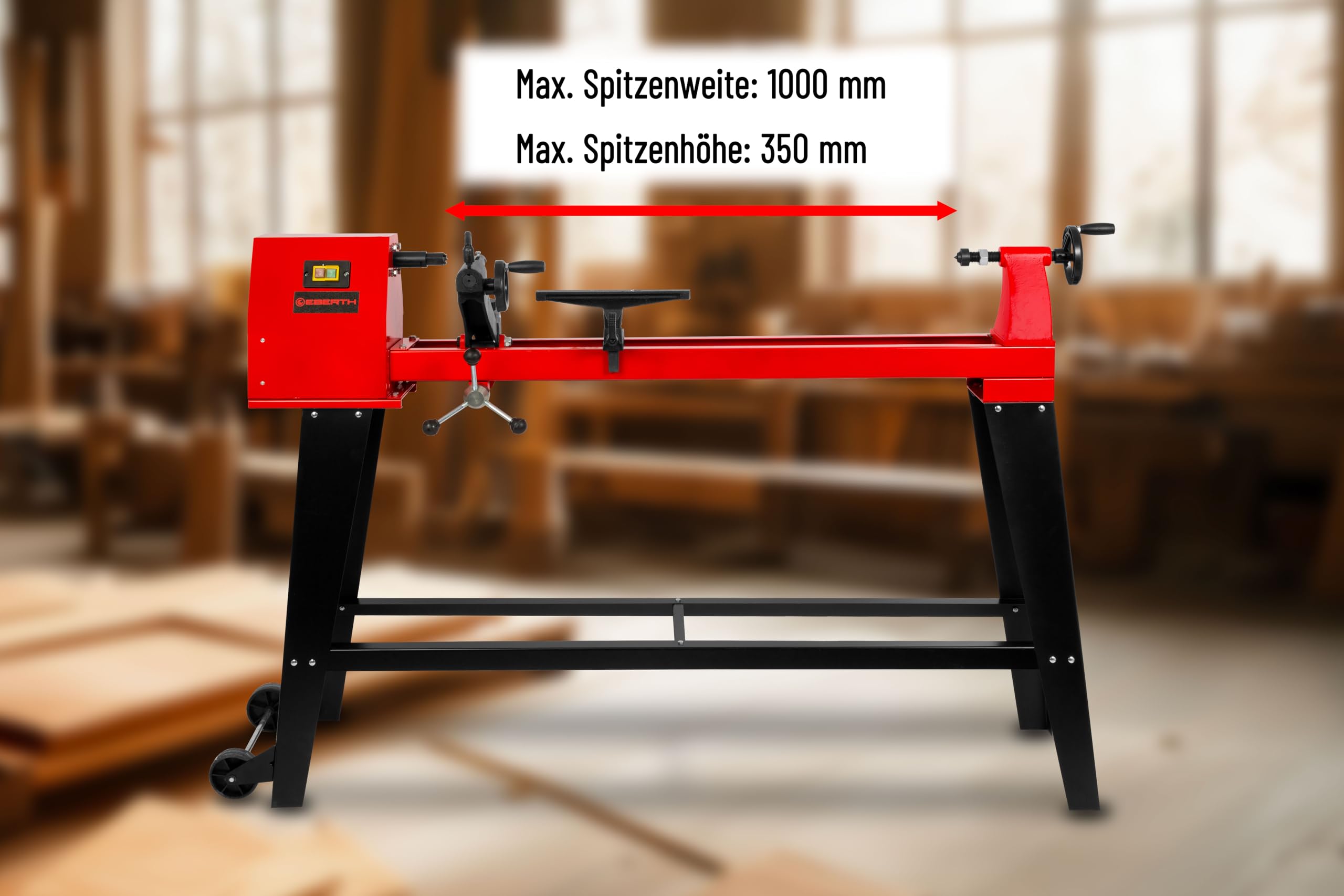 EBERTH Drechselbank 550 W für Holz mit stabilem Untergestell – 1000 mm Spitzenweite, Ø 350 mm Drechseldurchmesser, 4-stufiger Riemenantrieb, standfeste Holz-Drehbank