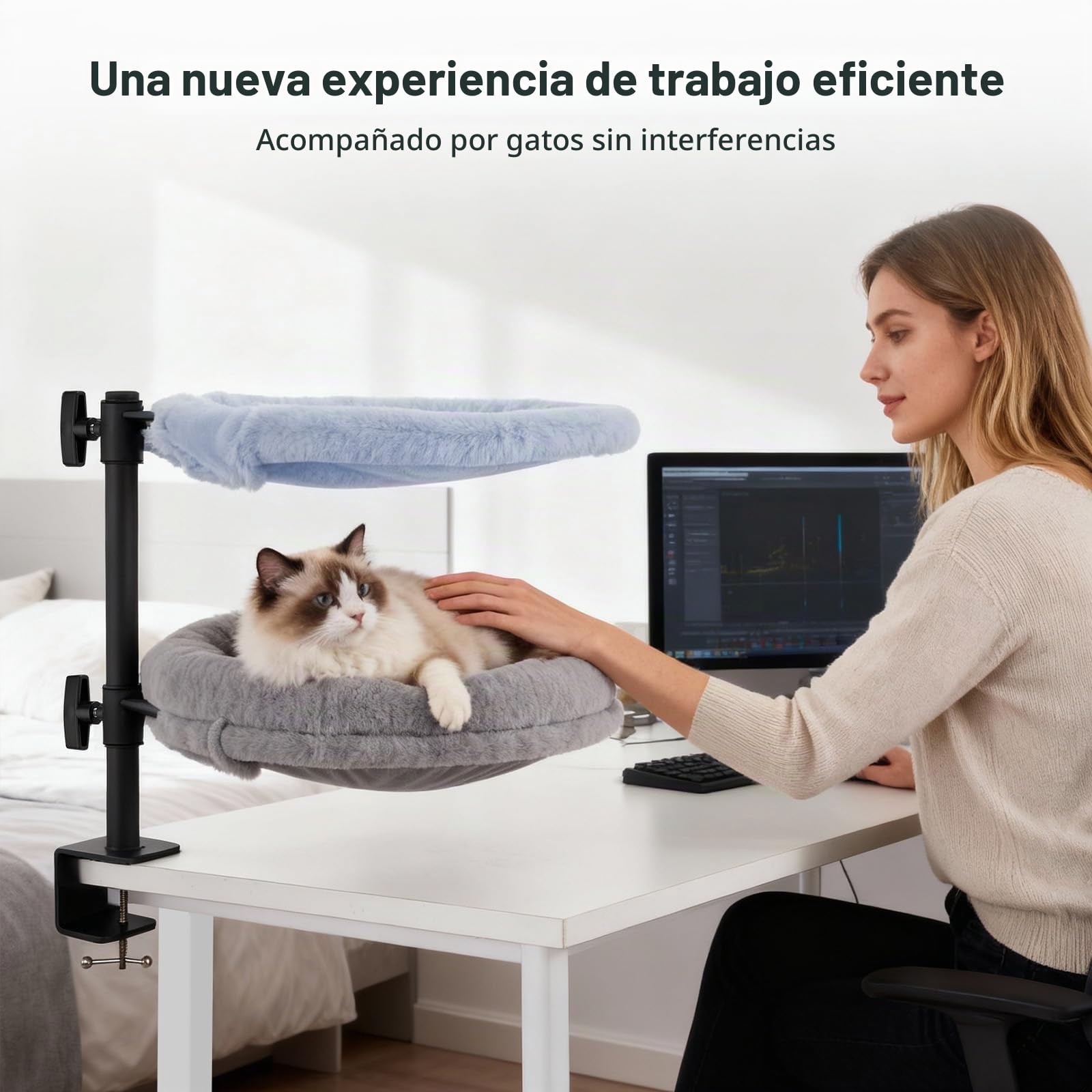 Odoland Cama de escritorio 2 en 1 para gatos - Hamaca para gatos para trabajadores desde casa - Soporte de escritorio giratorio 360° de altura ajustable con abrazadera y colchón de repuesto - Peso