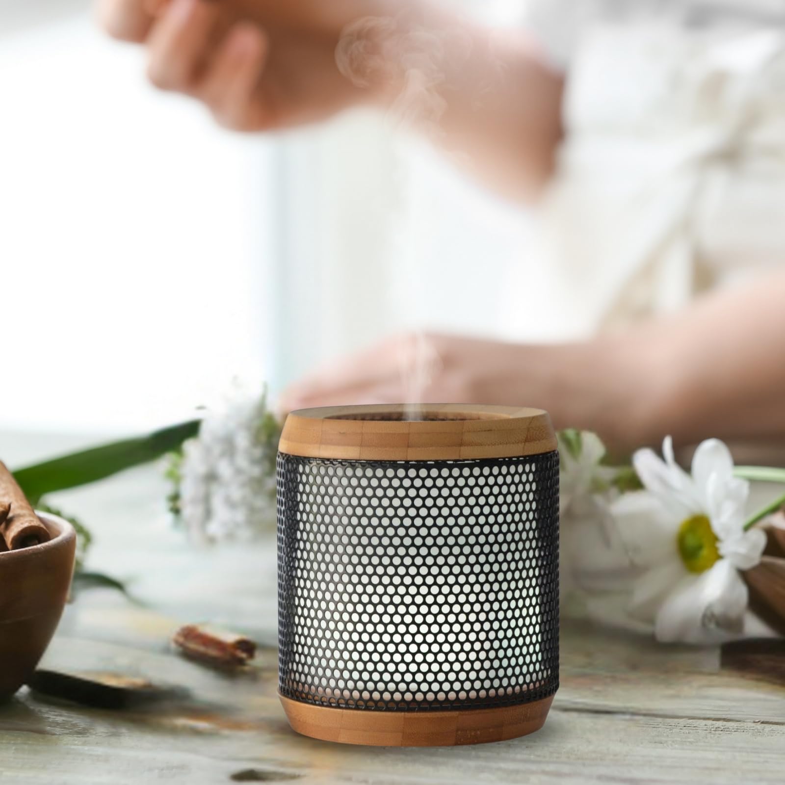 Zen'Aromat dyfuzor olejków eterycznych Elipsja - ultradźwiękowy dyfuzor aromaterapia na zimno - Elektryczny dyfuzor zapachowy do domu - wielofunkcyjne oświetlenie LED - naturalne materiały bambusowe i
