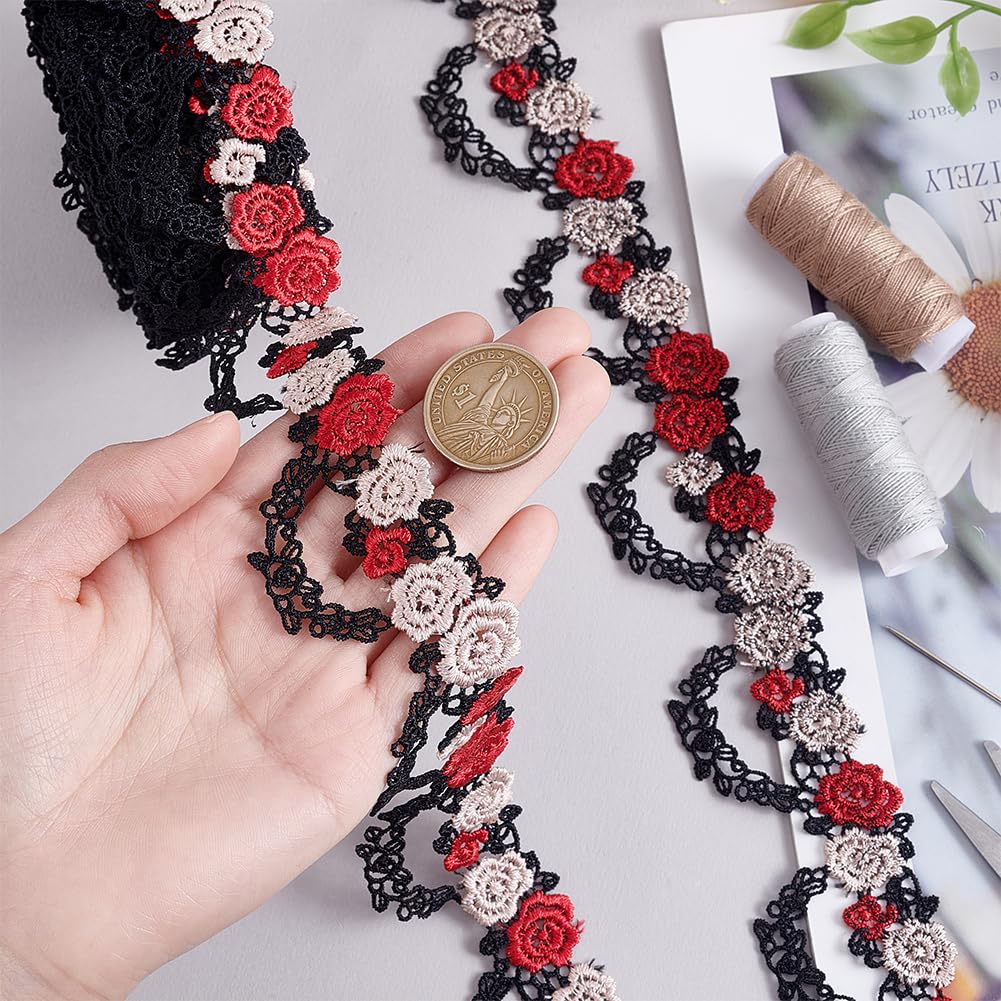 MAYJOYDIY 4,5 m rose rosse ricamate in pizzo 40 mm applique floreali gotiche cucito artigianato vite nero bordo pizzo nastro per cappelli abiti costume abbellimento fai da te decorazione festa