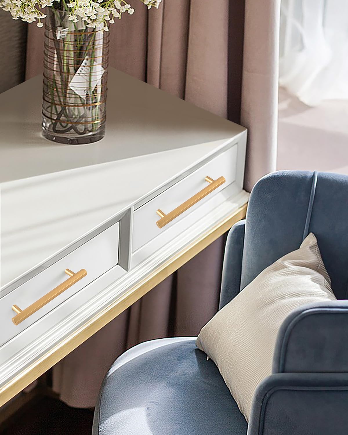 8 Pack Modern Kitchen Cabinet Door Handles 5 Inch Hole to Hole Closet Door Pulls Gold Brushed Brass Drawer Pulls Bathroom Vanity Handles Dresser Hardware