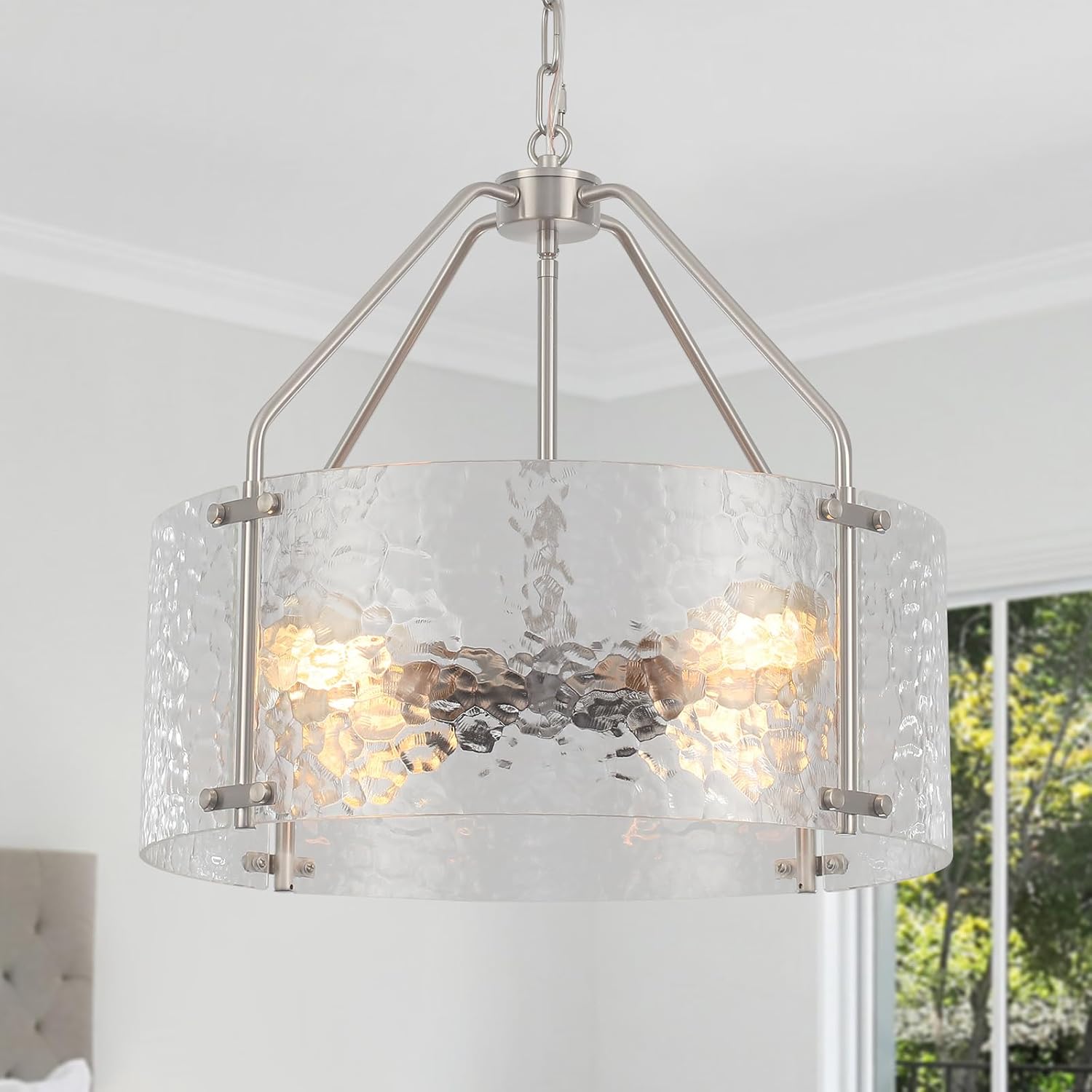 Glass Drum Chandelier for Dining Room 18'' Entryway Light Fixture 4-Light Kitchen Chandeliers Over Table Bedroom Light Fixture for Living Room Hallway Foyer Kitchen