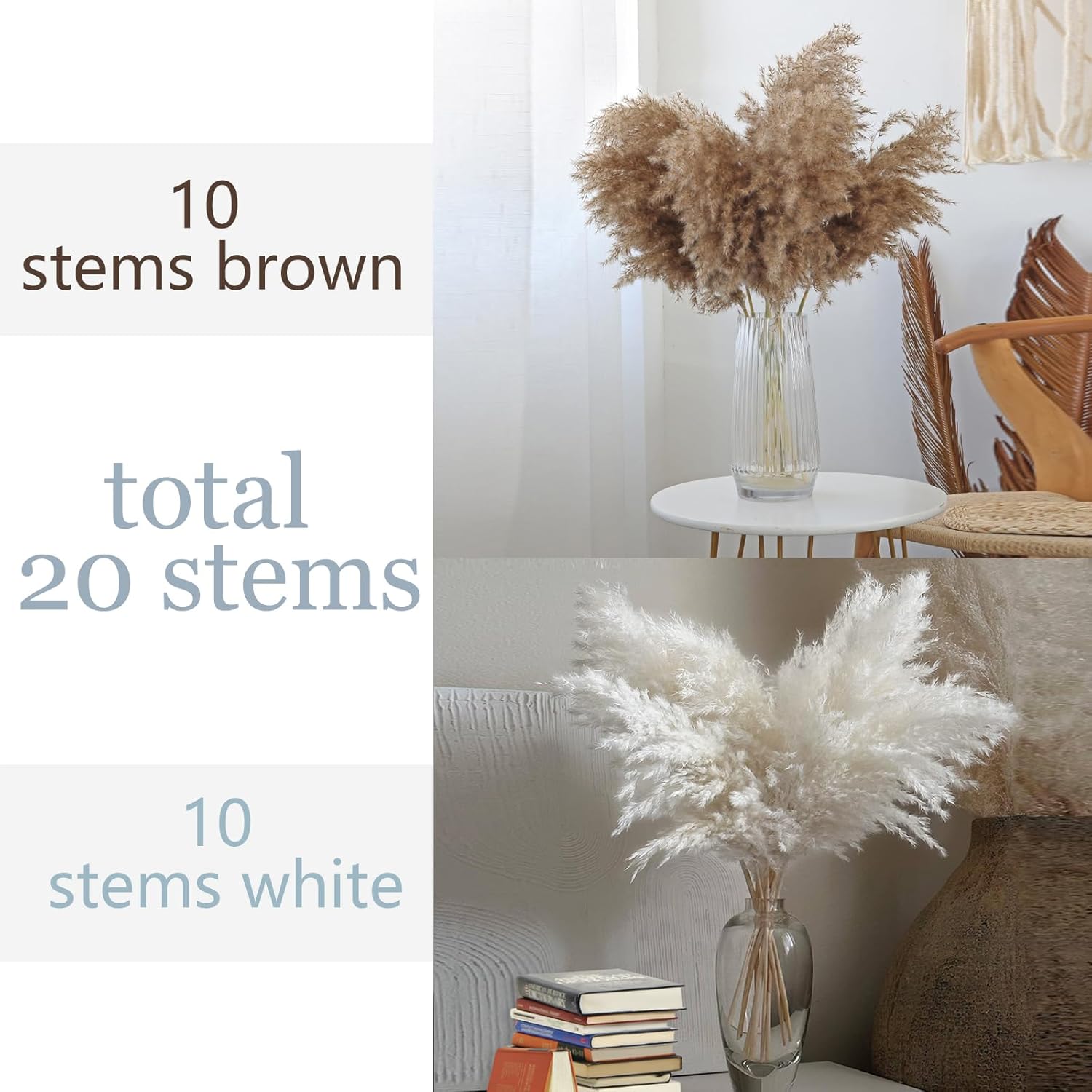 28" inch 20 Stems Large Pampas Grass Decor - Fluffy Brown & White Pampas Grass Decor Tall Pompas Grass for Floor Vase - Boho Home Decor Wedding Decor Natural Flower Bouquet