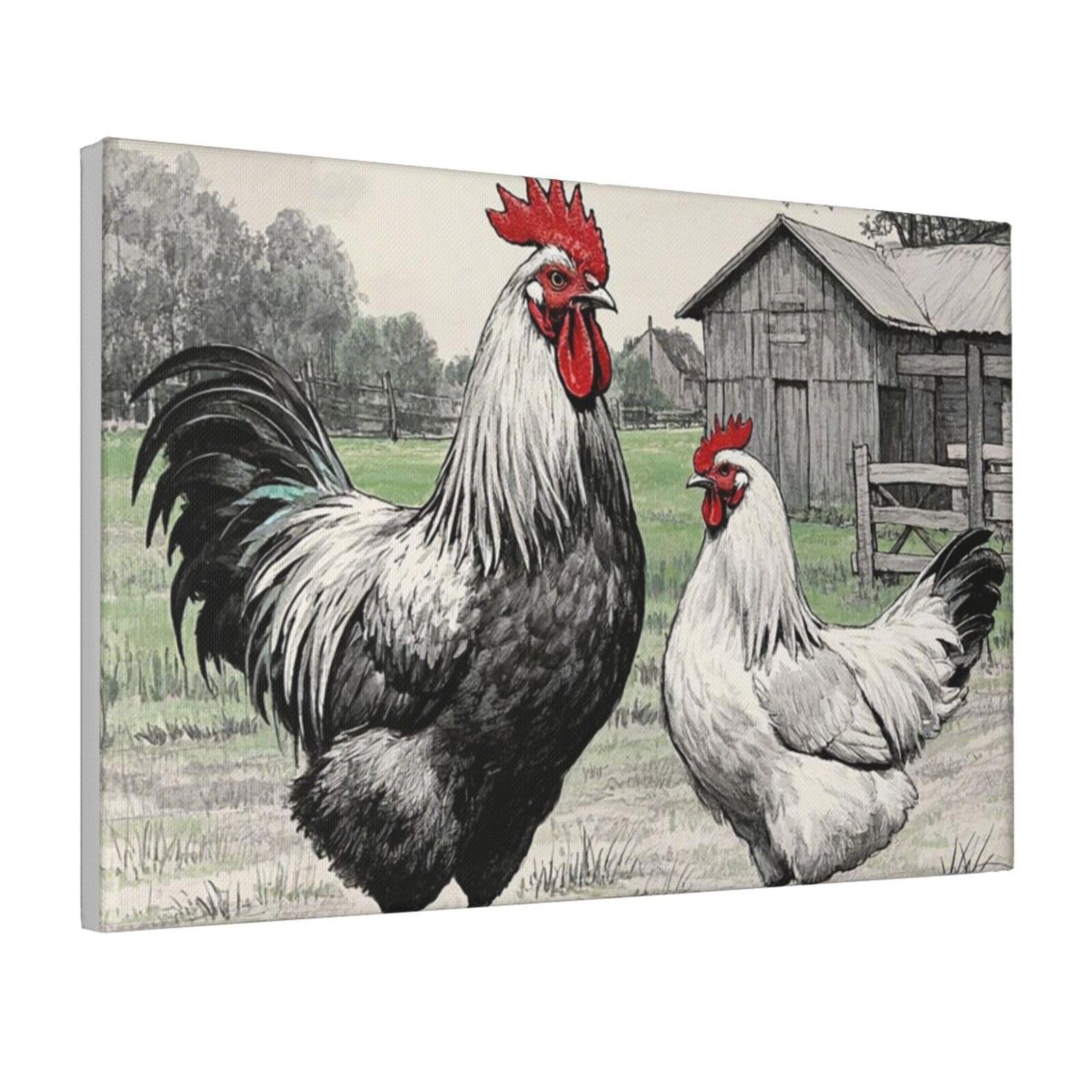Framed Wall Art for Living Room Art Work, Rooster and hen sketch farm Picture Prints Modern Office Wall Paintings Poster Aesthetic Wall Decorations for Home Decor Ready To Hang 12"x18"