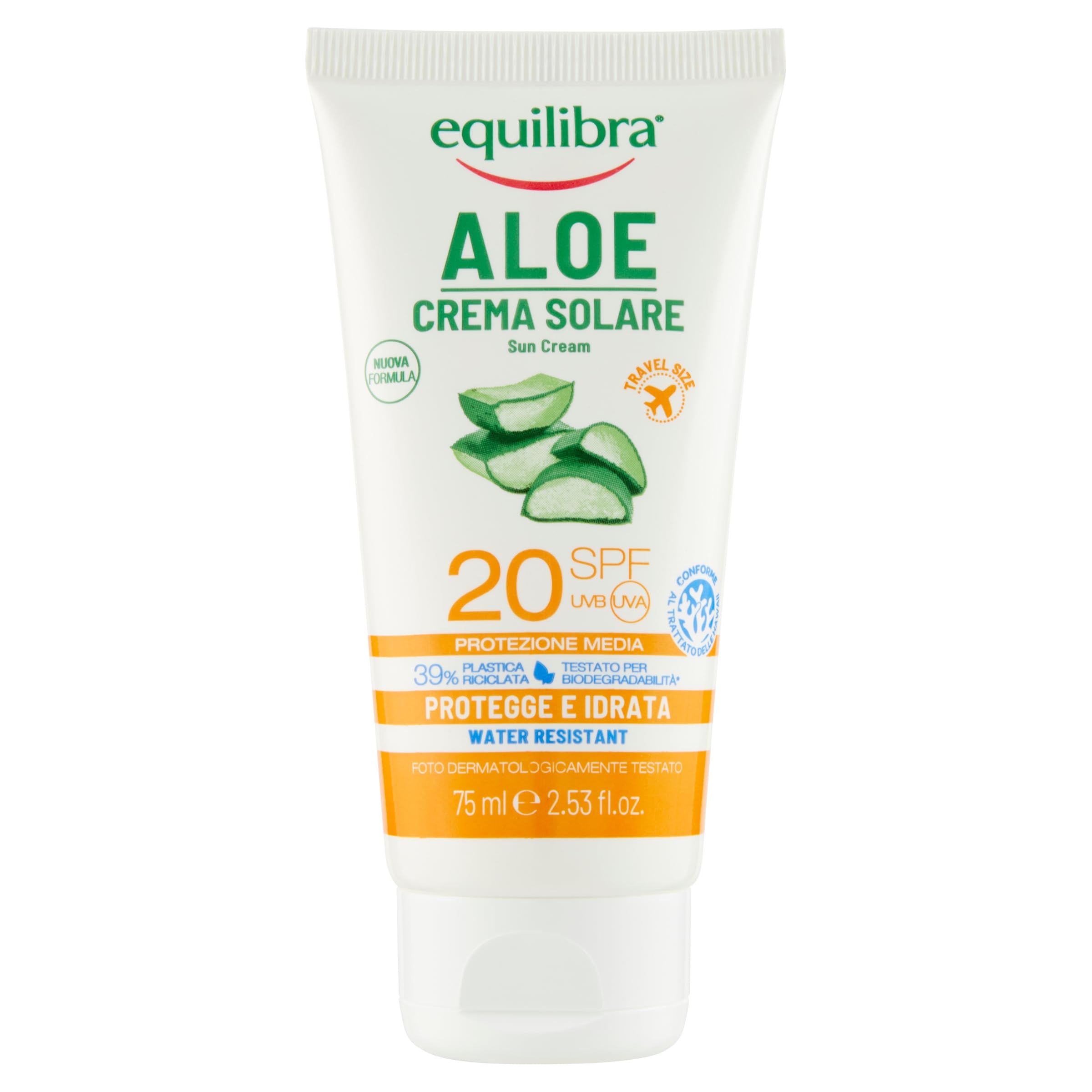 Saldo słoneczne, aloes krem słoneczny SPF 20 rozmiar podróży, na bazie aloesu, witaminy C i E, olej arganowy, olej kokosowy i masło shea, do zdrowej i naturalnej opalenizny, odporność na wodę, 75ml