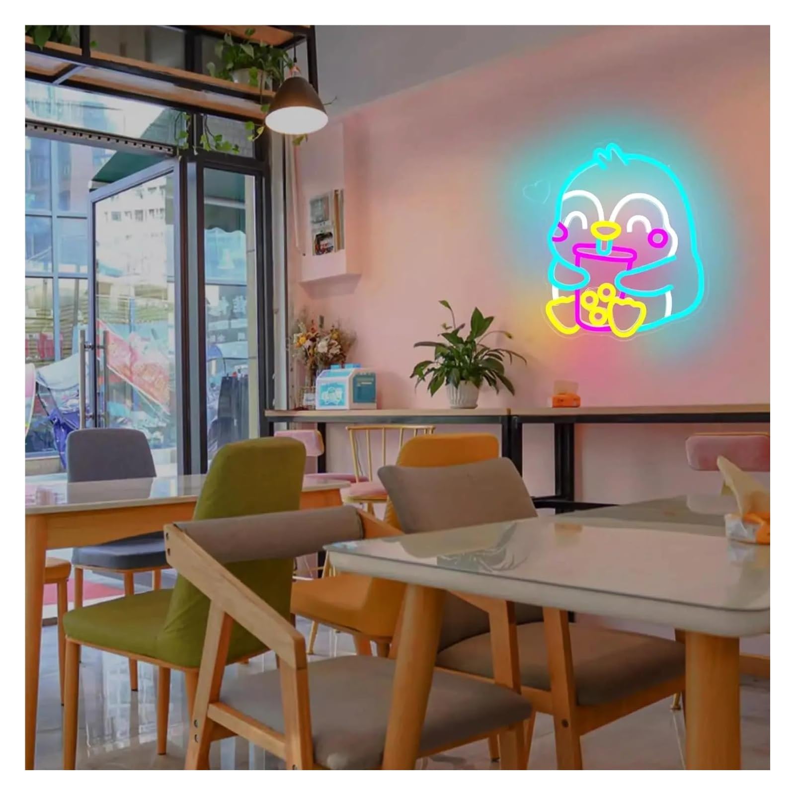 néon signe Enseigne Lumineuse Pingouin Bubble Tea Intensité Variable Alimentée Par USB Pour Salon De Thé Au Lait, Salle De Jeux Décoration Murale 31.8cmx37.8cm