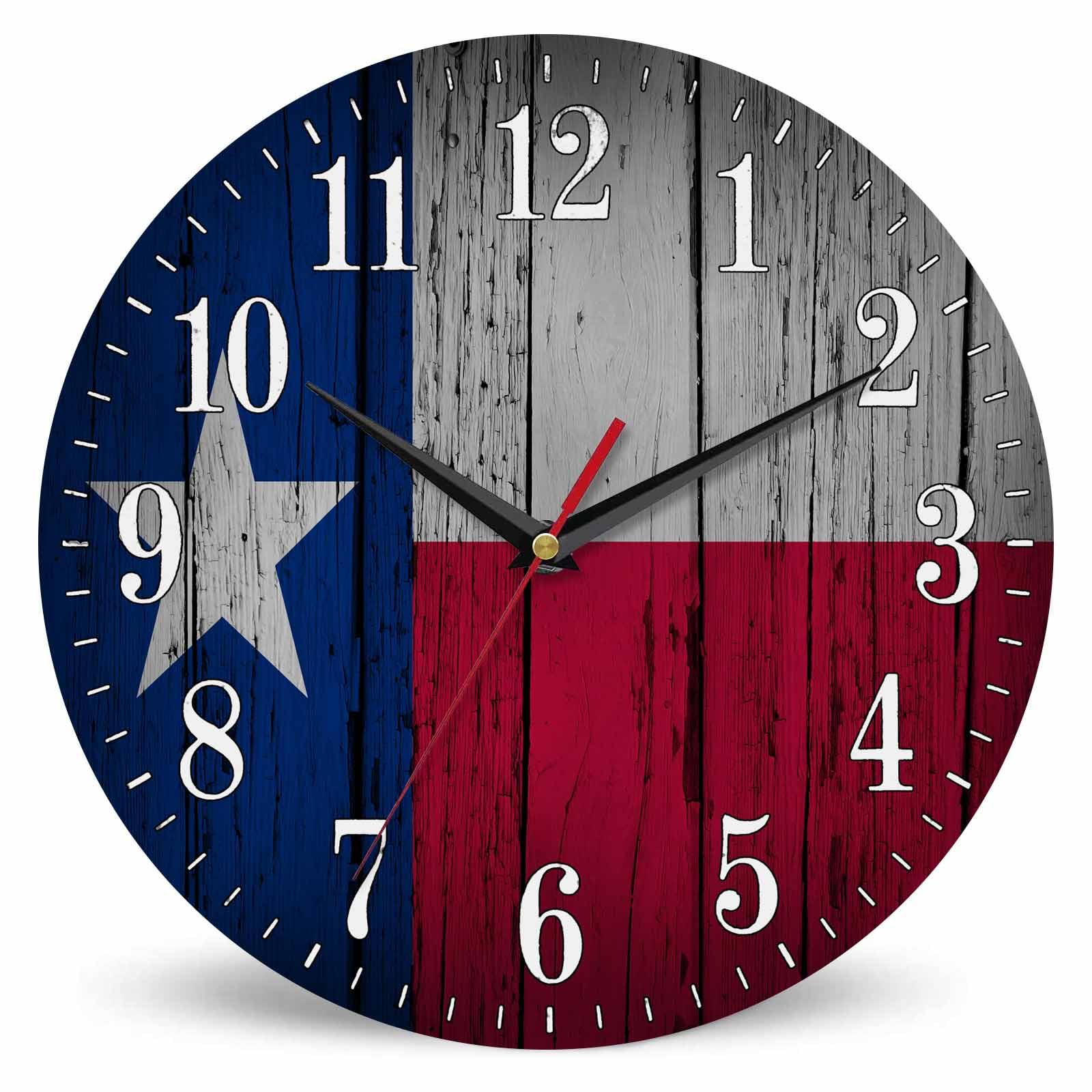 Mxocom Texas State Flag Wall Clock American Red Blue White Star Wooden Aged Wall 10 Inch Silent Non Ticking Battery Operated Clock Vintage Round Clock