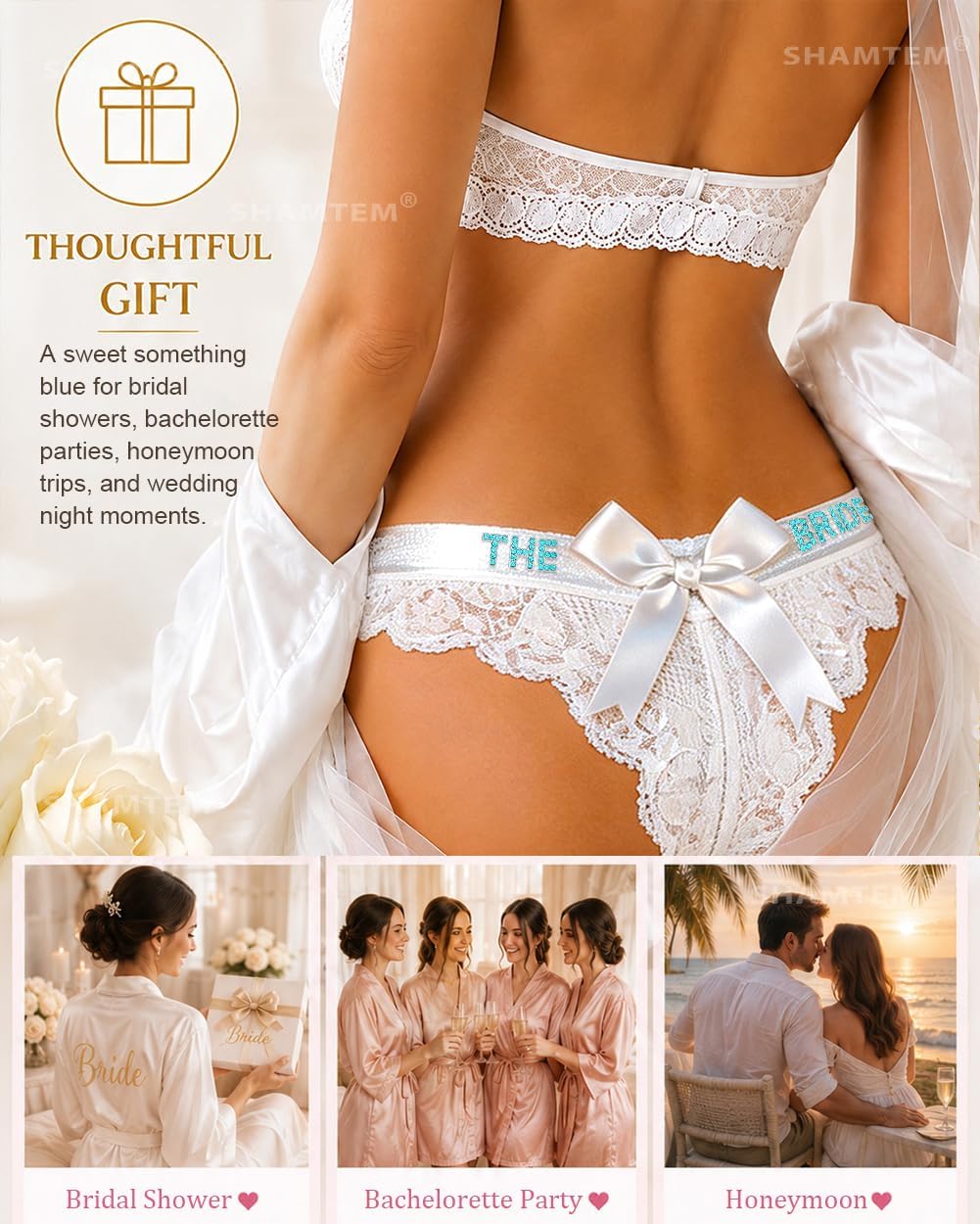 Womens Lace Panties Bow Sexy Underwear for Women with Gold Letters Cute Bridal Lingerie Gifts