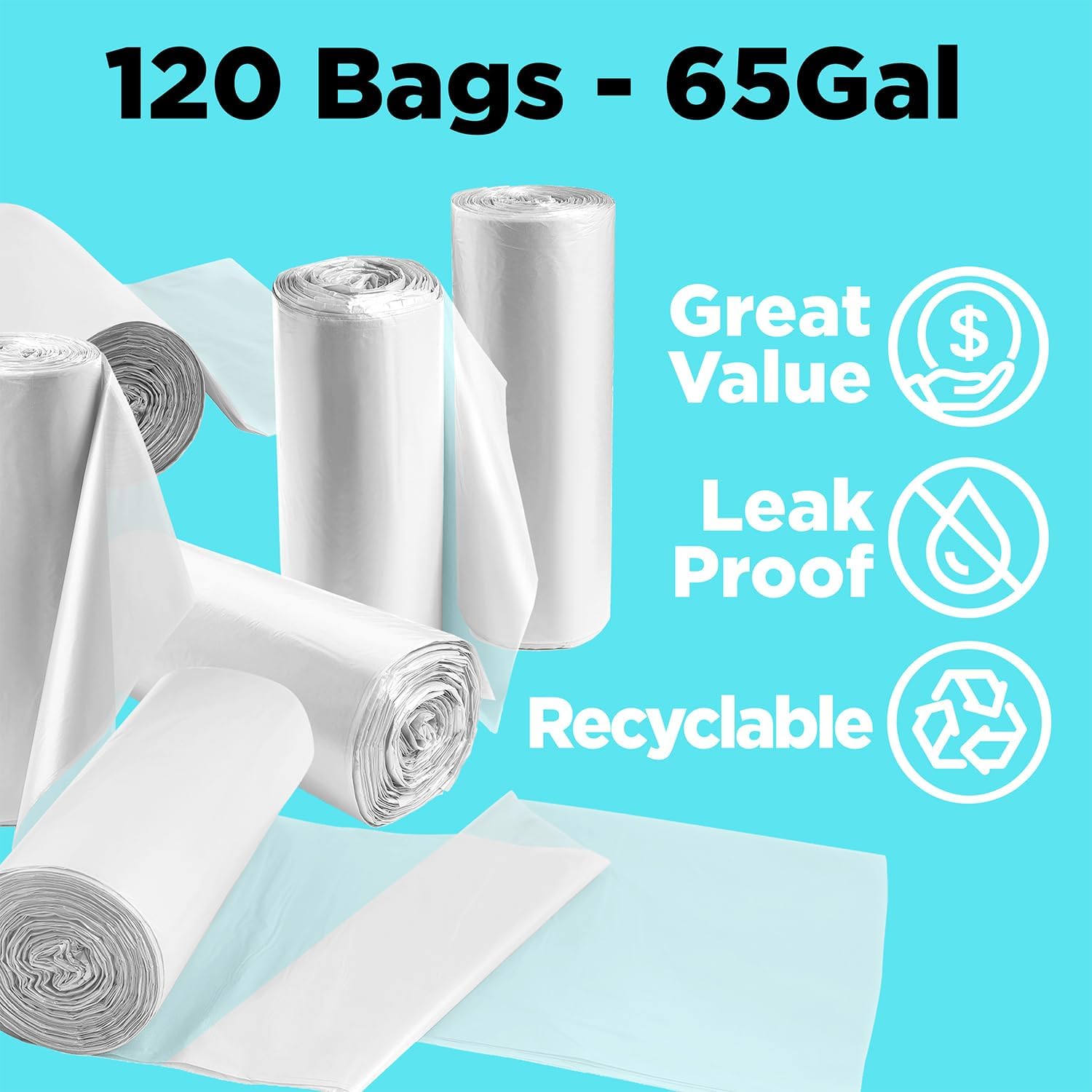 ToughBag 65 Gallon Clear Trash Bags, 49’ x 49’, 19 Microns (120 Count) - Bulk | Clear Multi-Use Garbage Bags, Commercial Recycling Can Liners - Made in USA