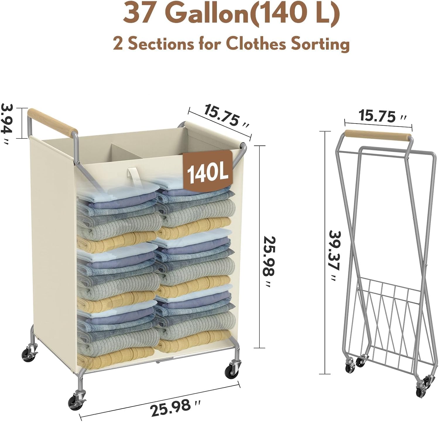 Foldable Metal Laundry Basket with Wheels, 2-Section Rolling Laundry Hamper, 37 Gallons (140L), Removable Liner, Steel Frame with Wooden Handle, Cream White