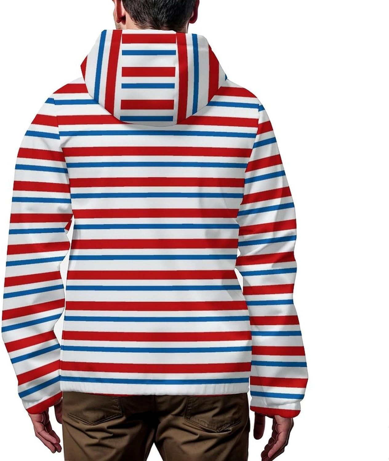 Red Blue White Stripes Men's Windbreaker Jacket Lightweight Hooded Windbreaker Coat with Pockets