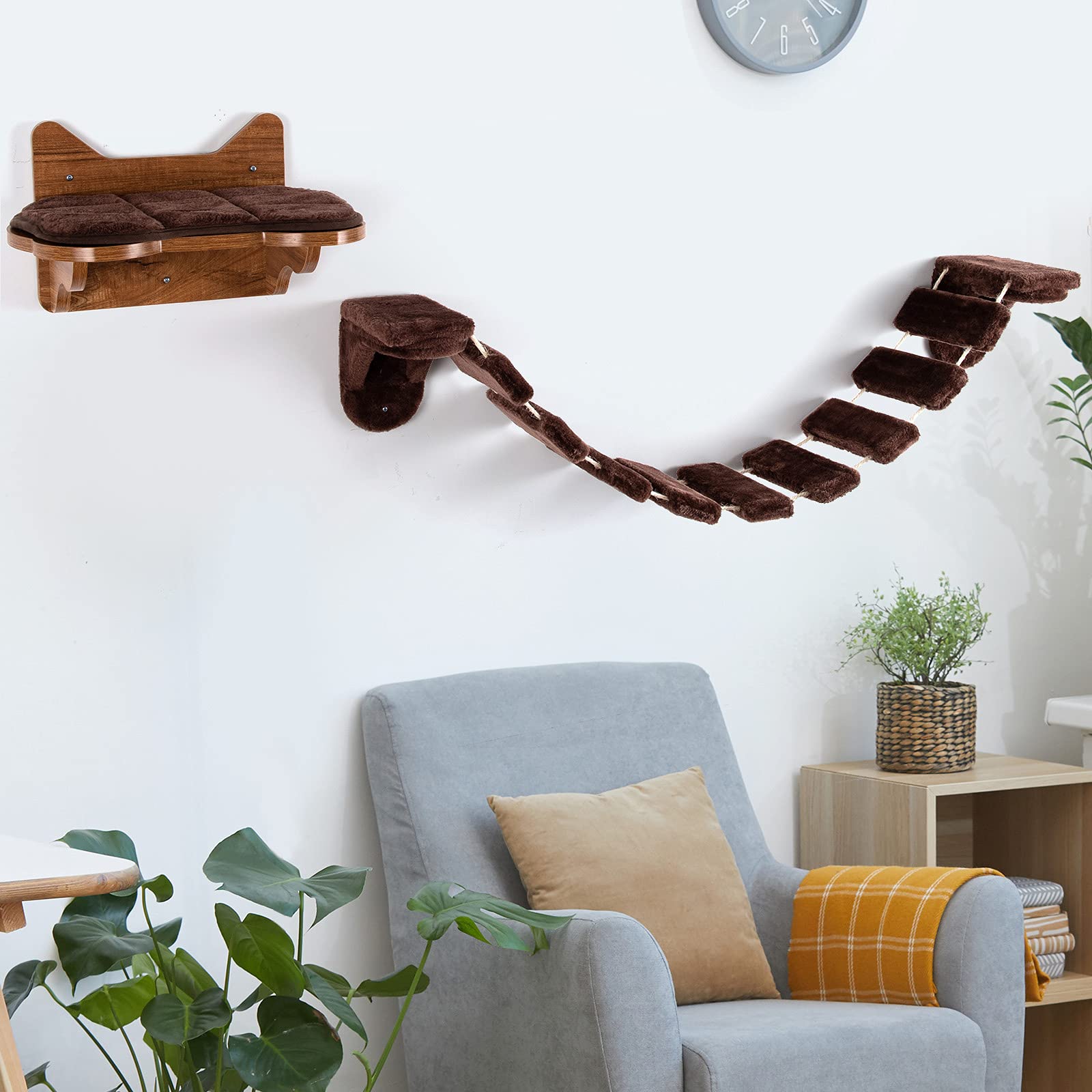 COSTWAY Kletterwand Katzen, 2 in 1 Katzenbrücke und Katzenliege, Katzenhängematte Wand Set, Hängebrücke Katzentreppe, Katzenbett Wandliege Hängematte, Katzenmöbel für Katze bis 10 kg, Braun