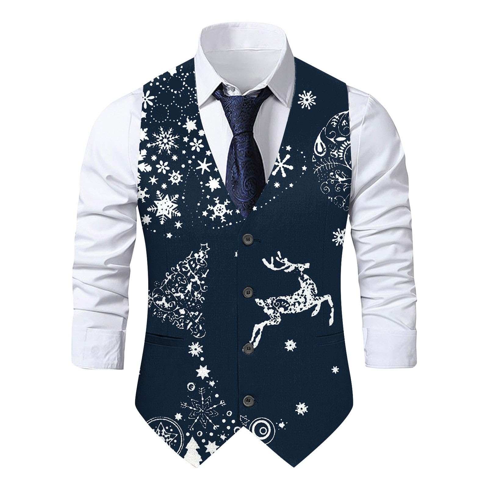 Mens Christmas Suit Vest Christmas Waistcoat Mens Fun Waistcoat Fun Xmas Festive Happy Xmas Waistcoats V Neck Sleeveless Slim Fit Party Costumes Party Dress Up Vest Suit - Image 3