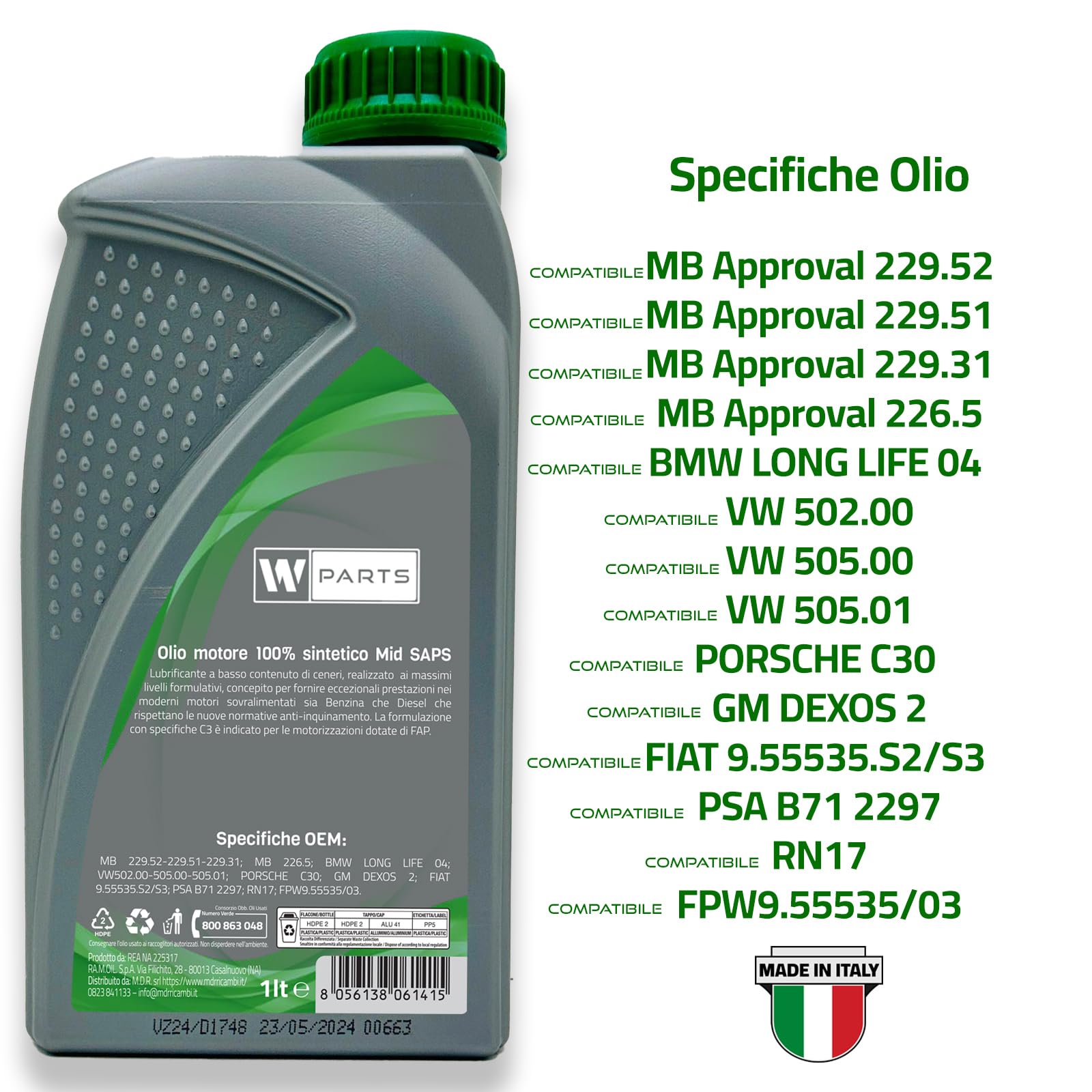 Olio motore W-Parts 5W30 C3 Totalmente Sintetico API SN SM/CF | ACEA C3 |MB 229.52 229.51 229.31 226.5|compatibile con BMW LL04 VW 502.00 505.00 505.01| GM Dexos 2 | FIAT 9.55535.S2 / S3 | PSA B71