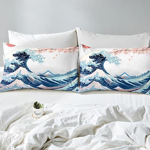 Miniatura 5 de Juego de ropa de cama con diseño de flor de cerezo, tamaño Queen, funda de edredón de olas de mar japonesas, sol rojo, blanco, grulla, pájaro, para