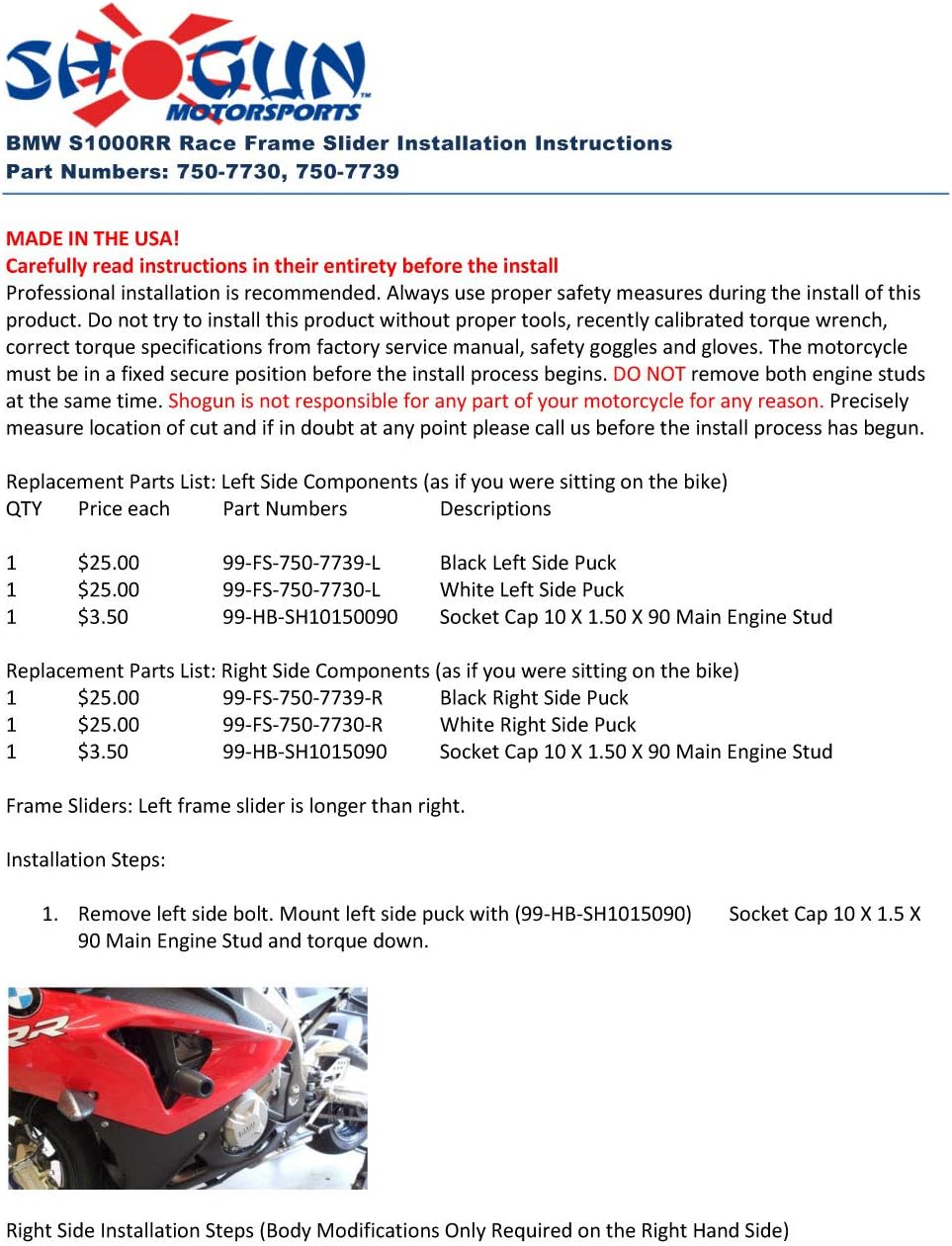 Shogun USA Made 2010 2011 S1000RR S1000 RR Black No Cut Frame Sliders 2012 2013 2014 S1000RR Black Cut (Body Modifications Required) Frame Sliders - 750-7739