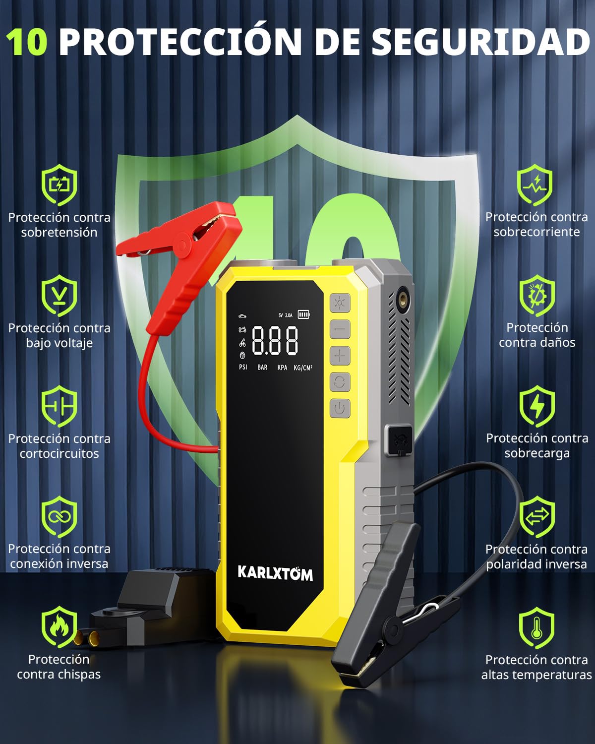 Karlxtom Arrancador de Baterias de Coche 4500A, Compresor de Aire de 190 PSI (Toda Gasolina o 10L Diésel)，12V Arrancador de Coches, Linterna LED de 500 Lúmenes, Pantalla LCD