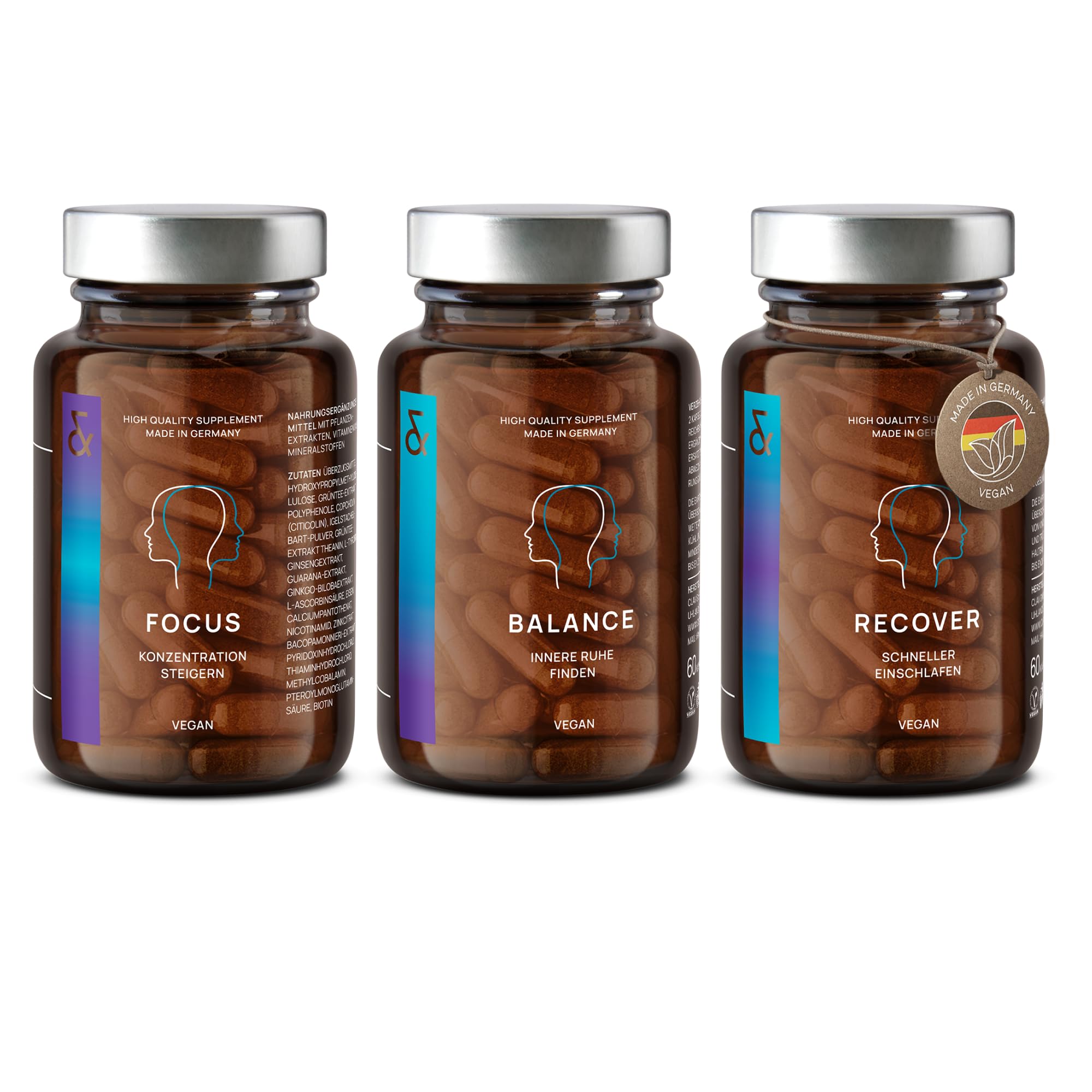 CLAV® Superfood Set, Mentale Stärke, N°4 Focus + N°5 Balance + N°6 Recover | Für Gedächtnis, Konzentration & Ausgeglichene Stimmung, mit Ashwagandha & Melatonin, Laborgeprüft, im Apothekerglas, Vegan