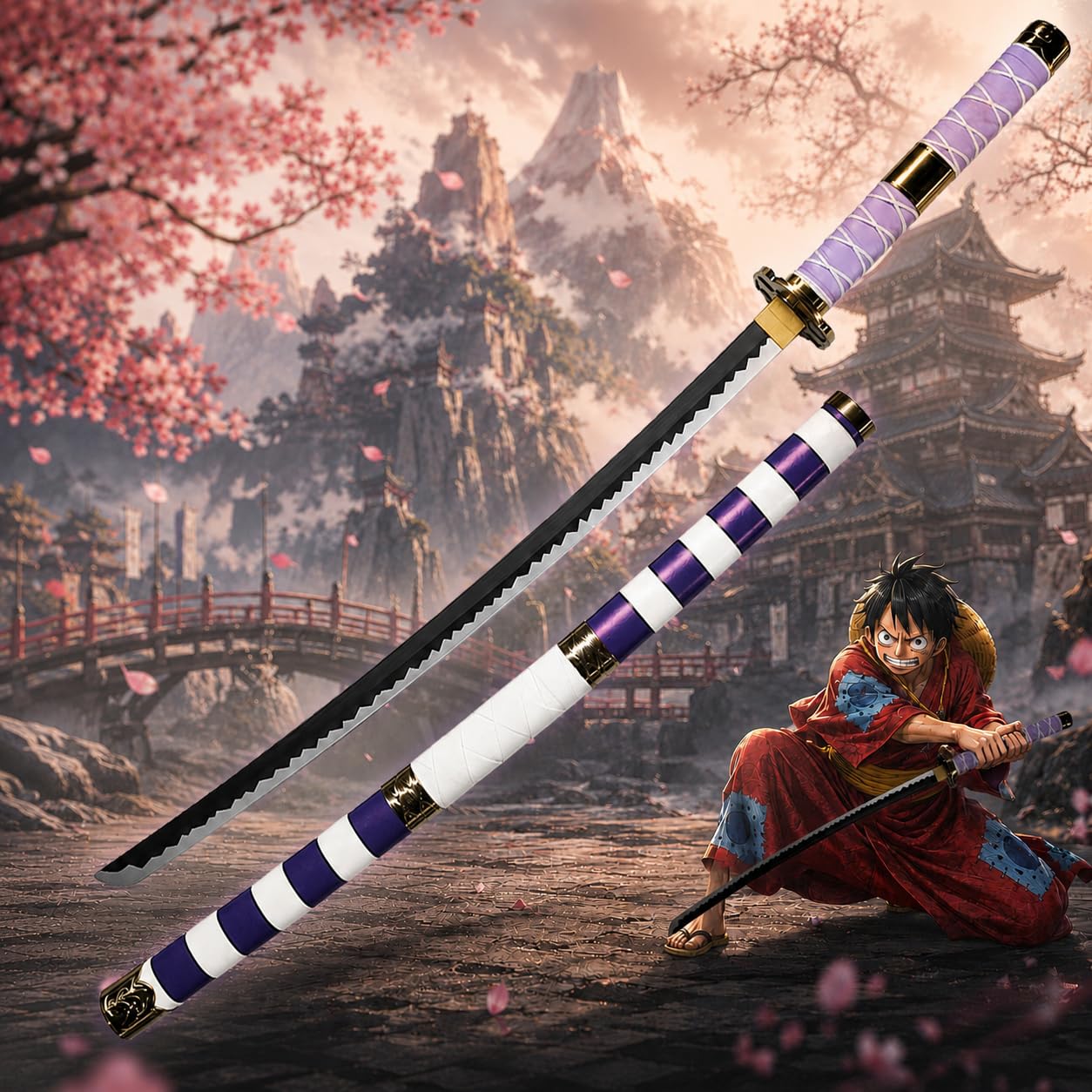 One Piece - Katana aus Holz mit Scheide, Samurai Schwerter, Holzschwert, Zoro Schwert, Bambusklinge, One Piece Katana, Animefans, Anime, Cosplays, Spielzeug für Kinder