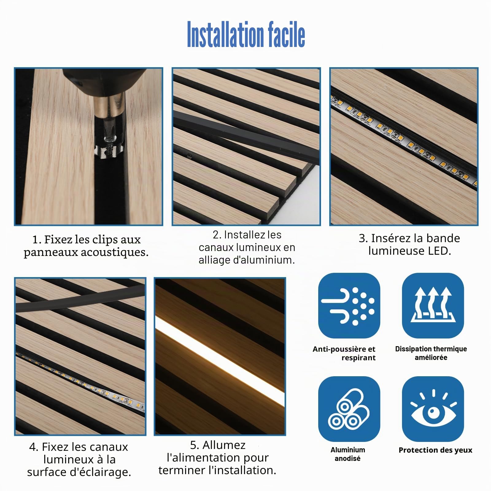 Profilé LED en aluminium - 6 × 1 m - En forme de U - 12 x 10 mm - Pour panneaux acoustiques - Avec clips de montage - Noir - Diffuseur - Étanche - Pour lumière néon homogène (noir, 6 × 1 m)