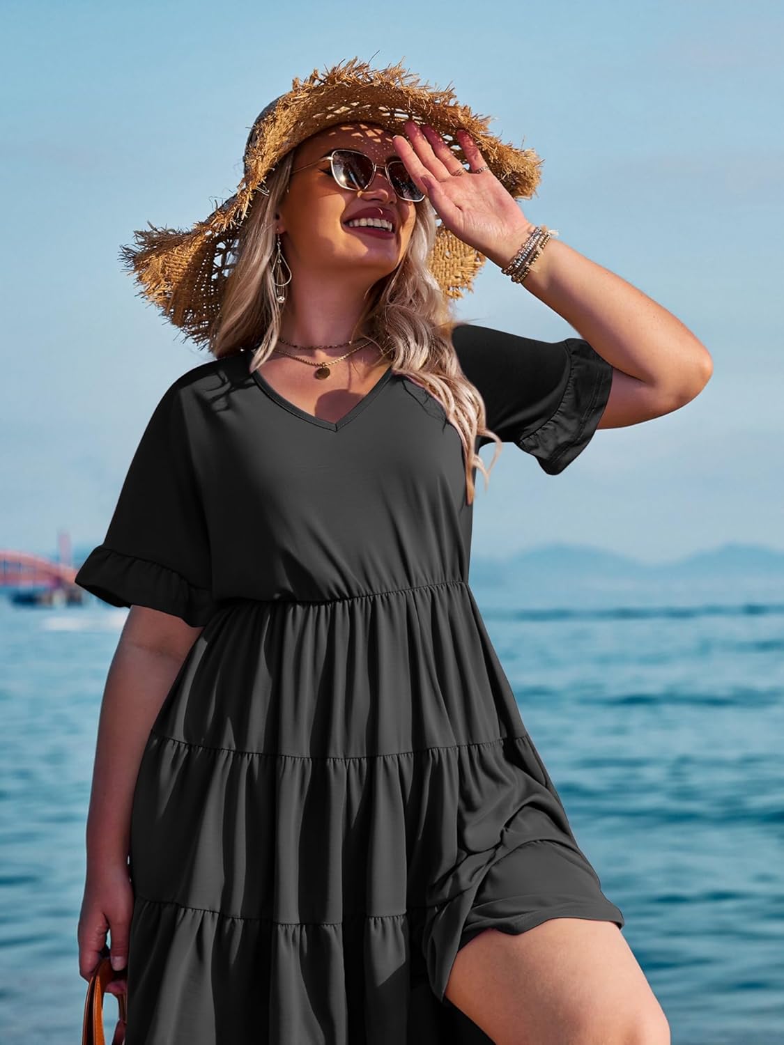 IN'VOLAND Womens Plus Size Short Sleeve Dress Summer Midi Casual Tiered V-Neck Aline Flowy Loose Dresses with Pockets - Image 4