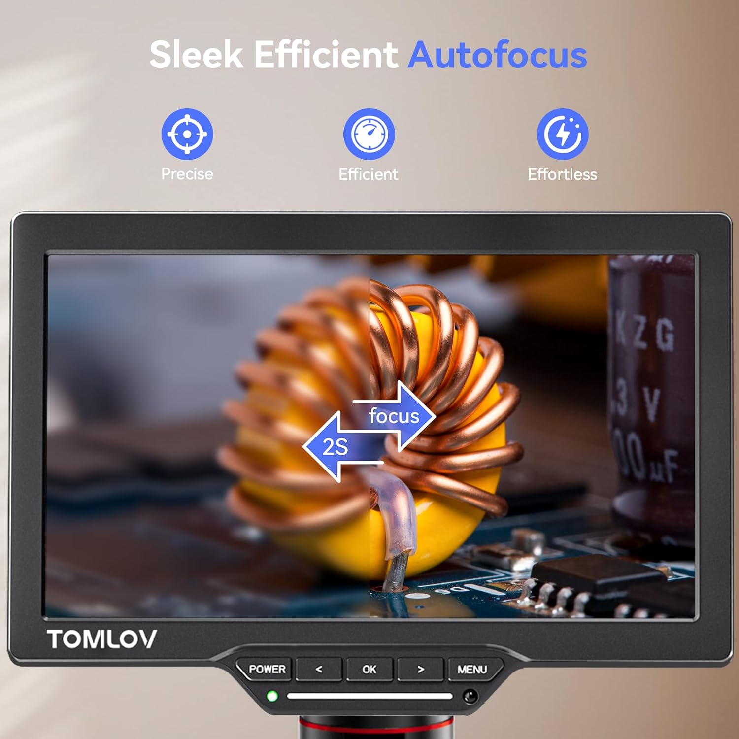 TOMLOV TM3K-AF Max Digital Microscope screen showing autofocus in action on a circuit board