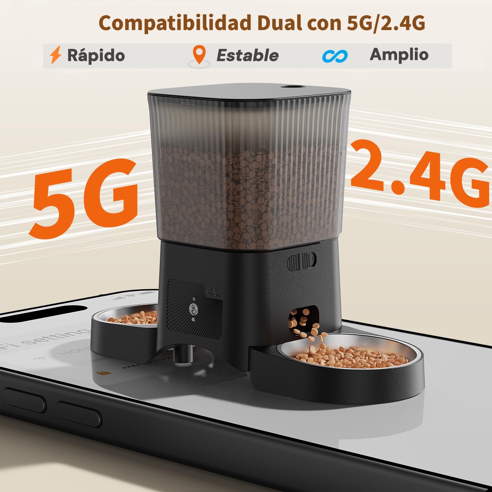 Comedero Gato Automatico 5G WiFi, HONEYGUARDIAN Dispensador Comida Seca Gatos Perros, Alimentador Automatico Gato Fácil Operación con Control App, 4 Cuencos (Acero inoxidable + Lento), 1-6 Comidas/Día