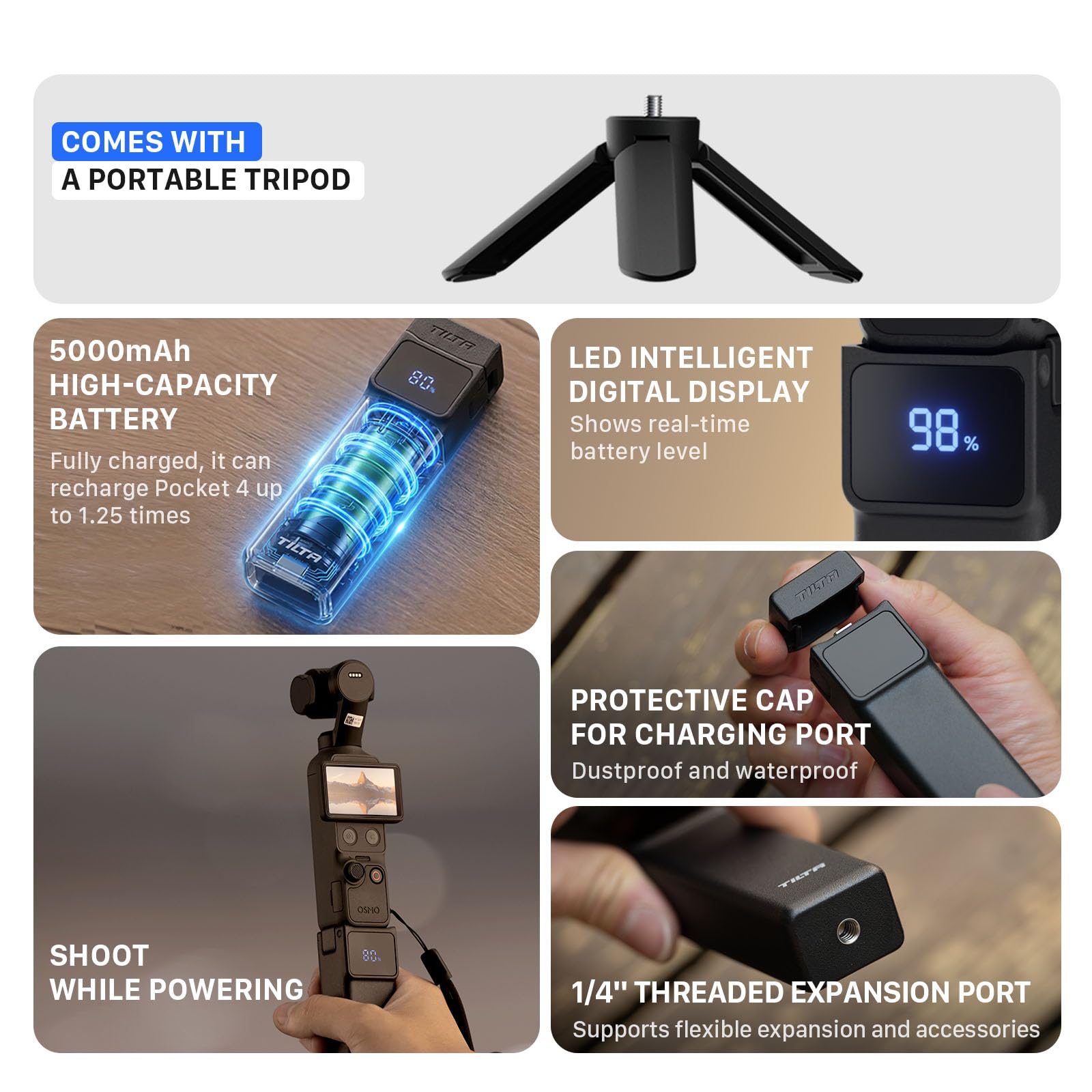 Tilta Pocket 4/3 Akkugriff für Dji osmo Pocket 4/3, 5000mAh Power bank, Power Grip mit USB-C-Ladung, 1/4"-Gewinde für Stativ/Selfie-Stick, Leicht und tragbar, Rutschfest, LED-Anzeige, TA-T96-PPB-B | LED-Smart-Display, USB-C-Ladung, mit Mini-Stativ, 0,6 cm
