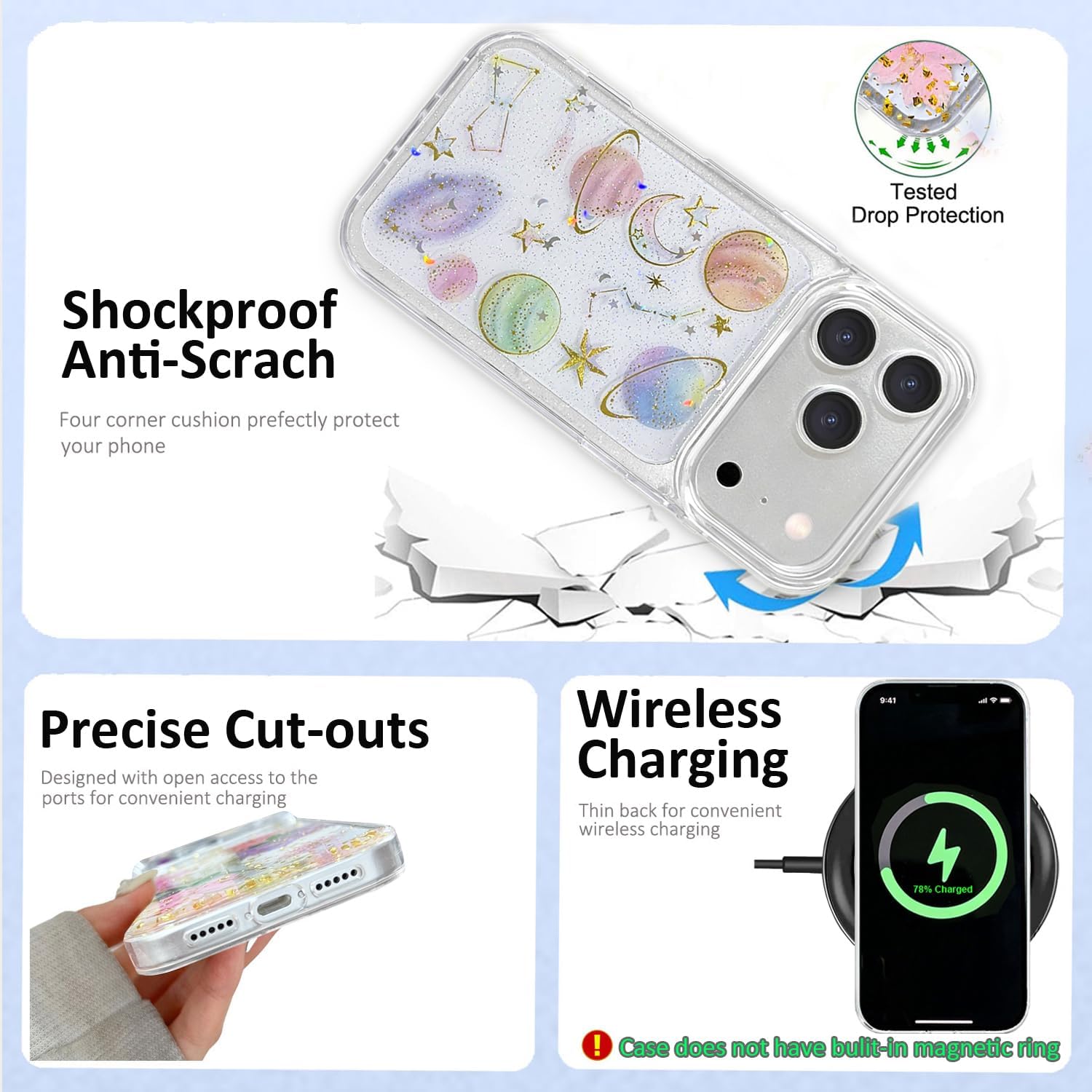 Abbery for iPhone 17 Pro Case Star and Moon Pattern Cute Clear with Planet Space Theme Design Glitter Sparkly Soft TPU Shockproof Protective Women Girl's Phone Case for iPhone 17 Pro - Image 4