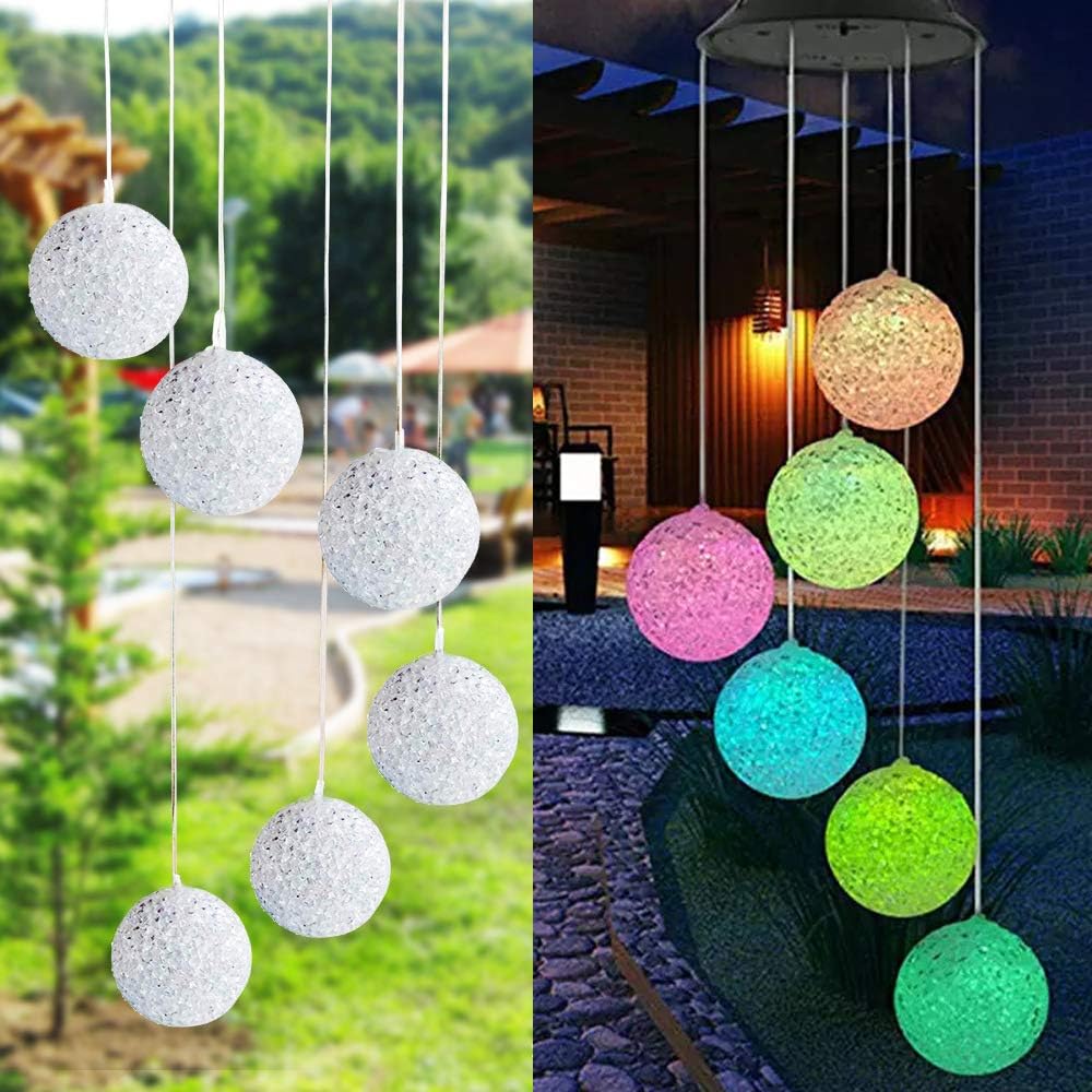 Crystal Ball Solar Wind Chimes LED Color-Changing Wind Mobile Outdoor Waterproof Solar Powered Wind Chimes Wind Bell Light for Patio Yard Garden Home Decoration