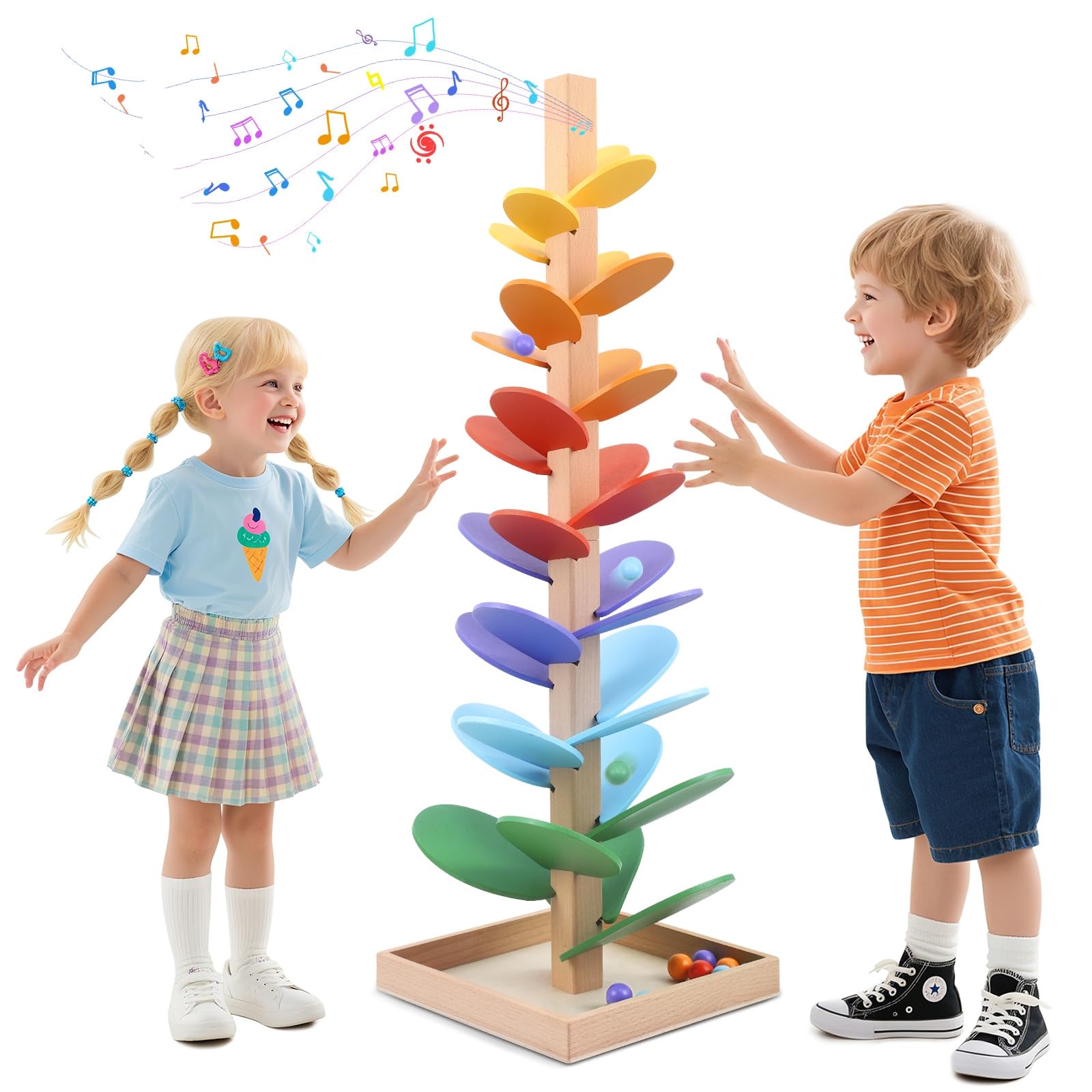 Montessori Sound Tree, 71CM Wooden Rainbow Musical Tree with 10 Colorful Balls, 6 Colors, Music Tree Wooden Marble Run