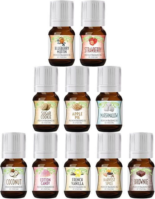 Good Essential Sweet Scents Fragrance Oil Set - 10 Pack Bulk Oils for Aromatherapy Diffusers, Candle and Soap Making - Vanilla, Coconut, Sugar Cookie, Cotton Candy, Fall Spice and More