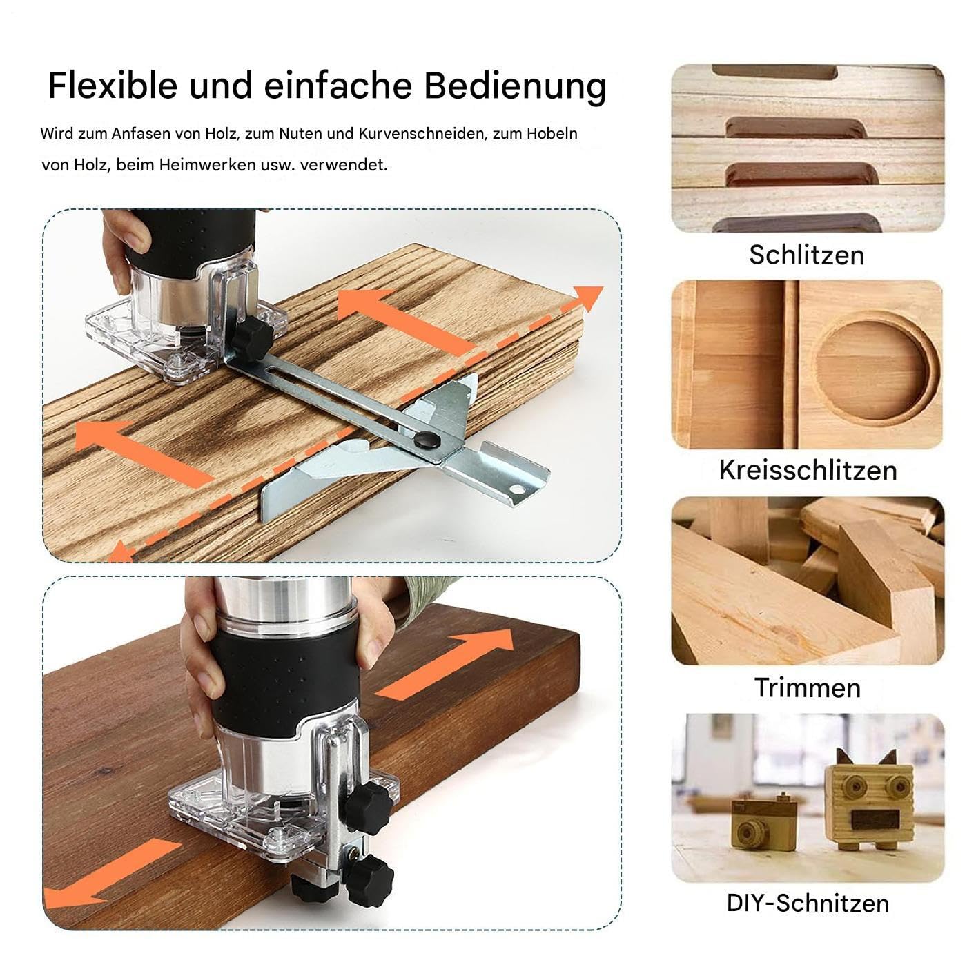 Fresa per bordi con una sola mano, fresa superiore, 800 W, 40000 giri/min, utensile elettrico con regolazione a 6 marce, set di frese da 15 pezzi (1/4") e guida di guida, fresatrice per legno per