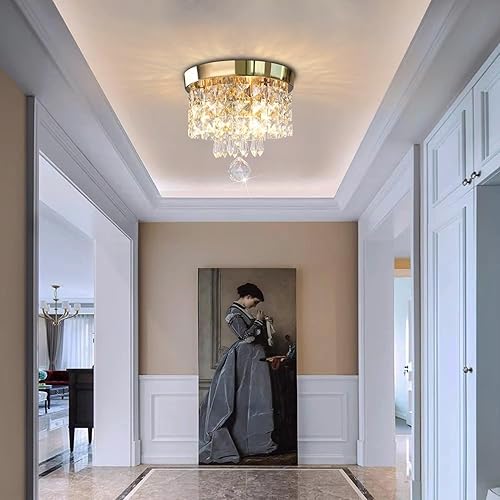 Miniatura 9 de Mini Crystal Chandelier Modern Chandelier Gold Crystal Ceiling Flush Mount Light Fixture Chandelier 8" x 7.4" Round Hanging Pendant Lamp for Dining