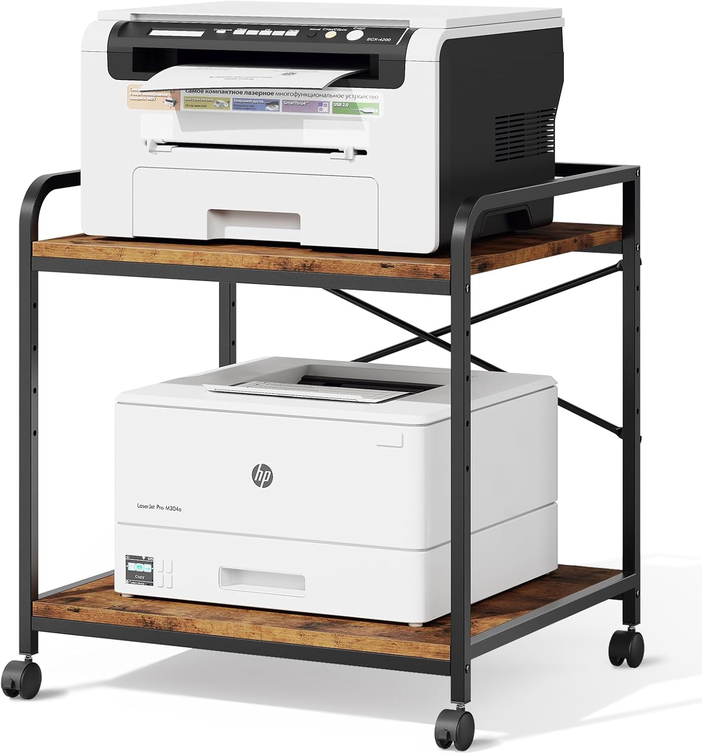 Warmiehomy Under Desk Printer Stand - Large Printer Table with Adjustable Storage Shelf - 2 Tier Rolling Printer Cart with Wheels - Use for 3D, Laser, Home Office (Rustic Brown)