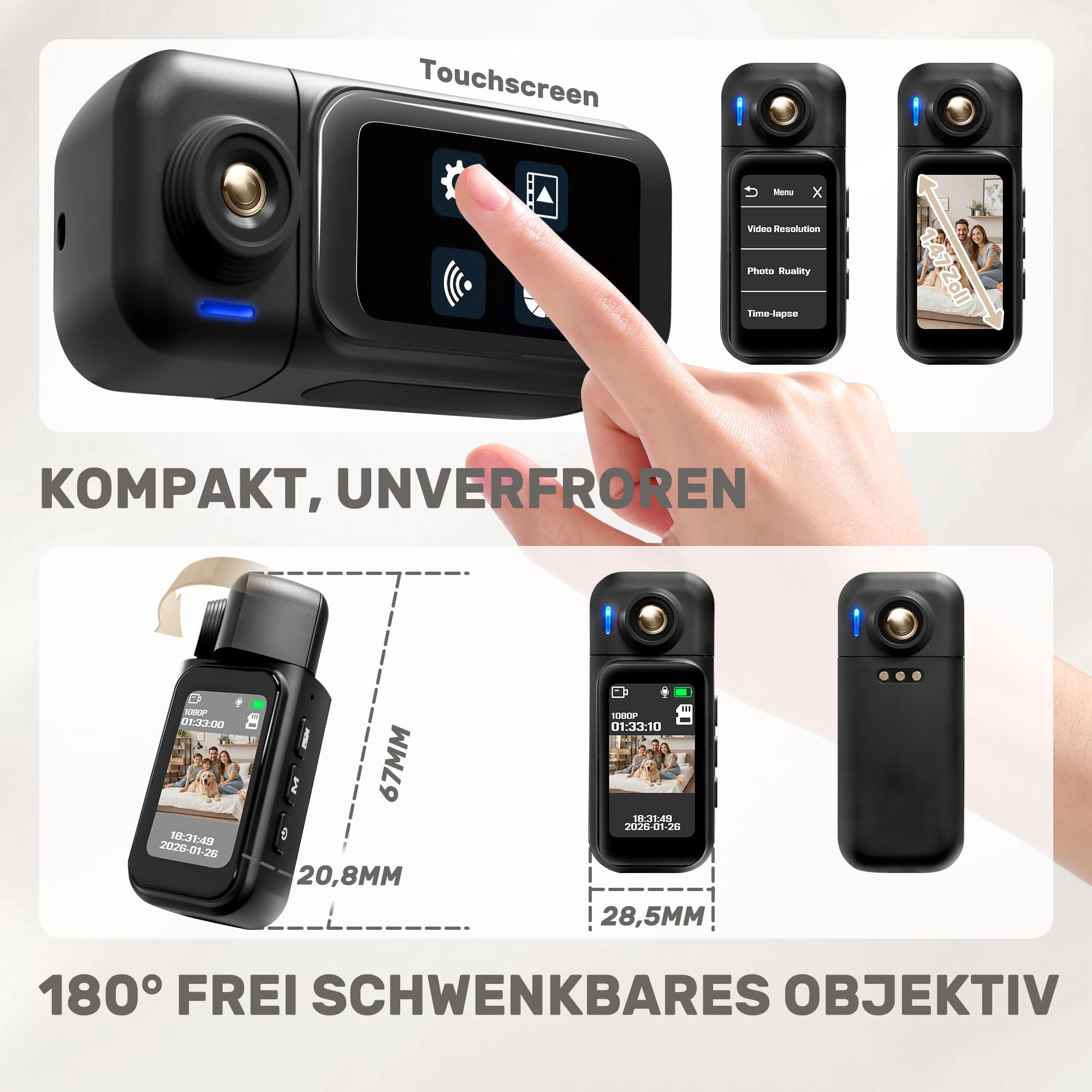 Tiantianle Action Cam,Bodycam 1080P,Mini Action Camera,Telecamera Sportiva Impermeabile 30M,Telecamera portatile,Display Touchscreen da 1,47'' Videocamera da Casco per Motociclista - 4