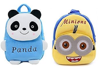 Blue Tree Kids School Bag Soft Plush Backpack Combo Cartoon Bags Mini Travel Bag for for Girls Boys Toddler Baby (Old Blue Panda & Minion)