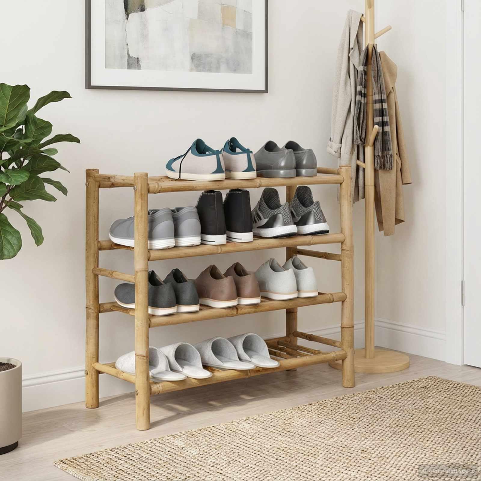 Rack à chaussures en bambou naturel pour un couloir accueillant et bien ordonné