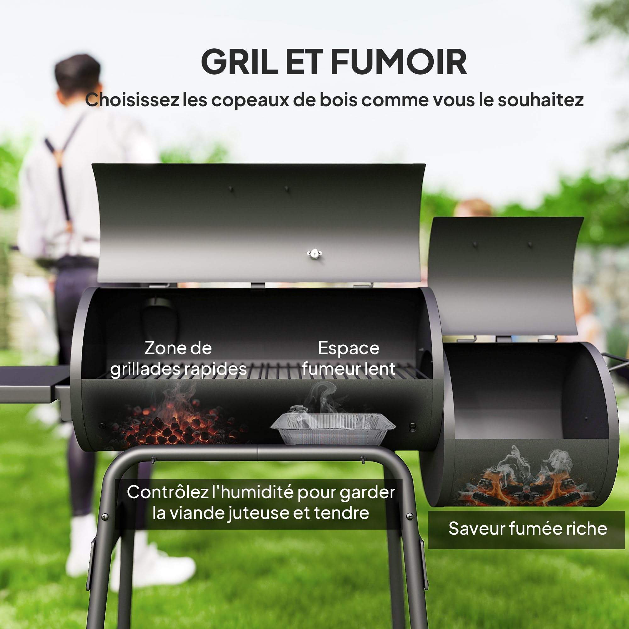 Outsunny Grill na węgiel drzewny grill wędzarniczy na stojąco z pokrywą, kółkami, termometrem, półkami ze stali walcowanej na zimno czarny