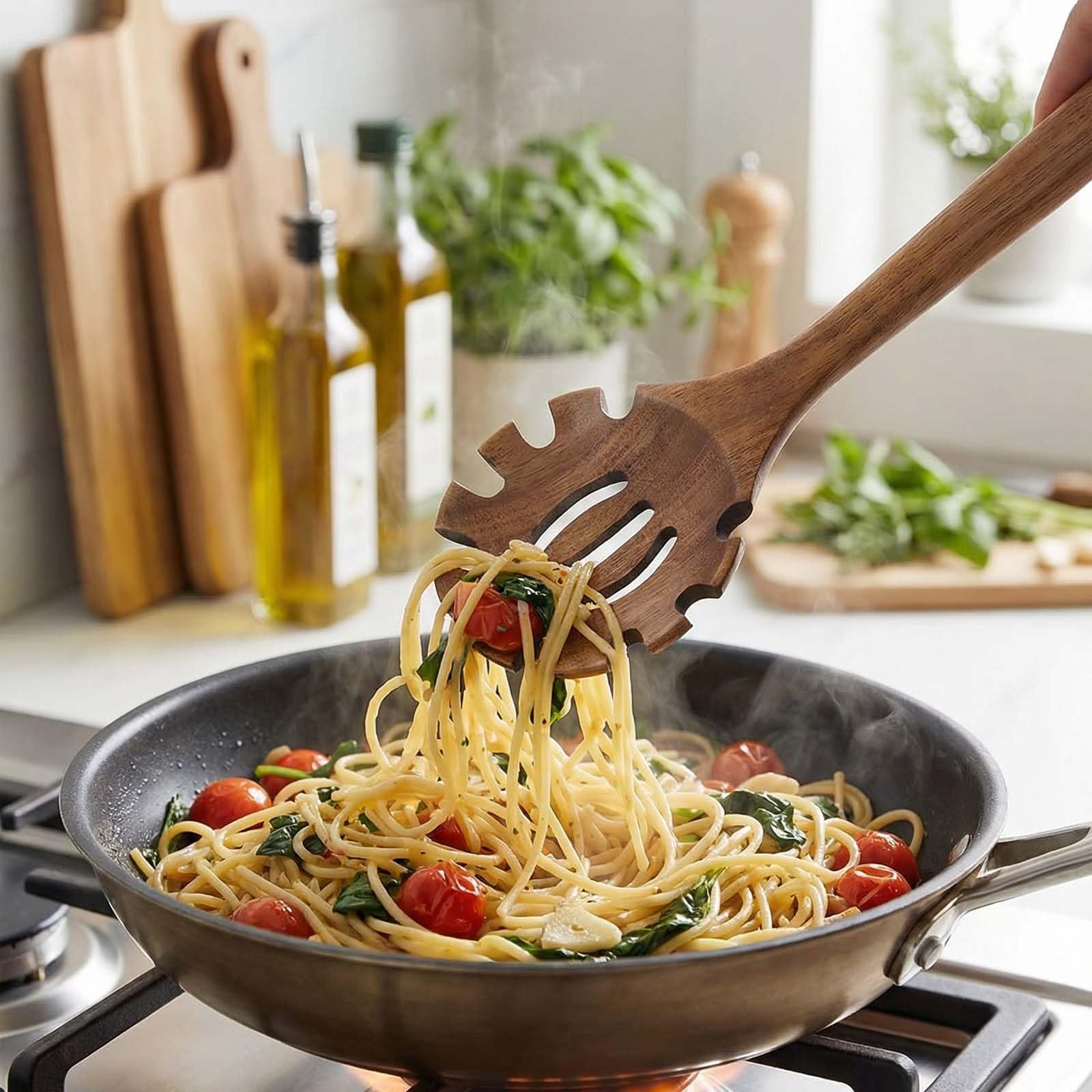 2 Stück Kochlöffel Holz, Holzlöffel mit Spaghettilöffel, Suppenkelle Holz für Kochen, Rühren, Servieren Spaghetti, Suppe, Sauce