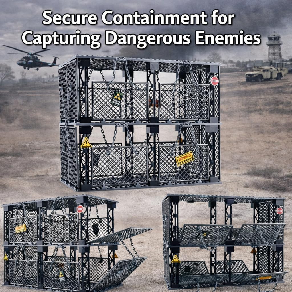 Closed Cage Building Blocks Set - Military Prison Battle Scene Building Block,Compatible with Lego World T-Rex,Includes 10 Soldier Figures with Weapons