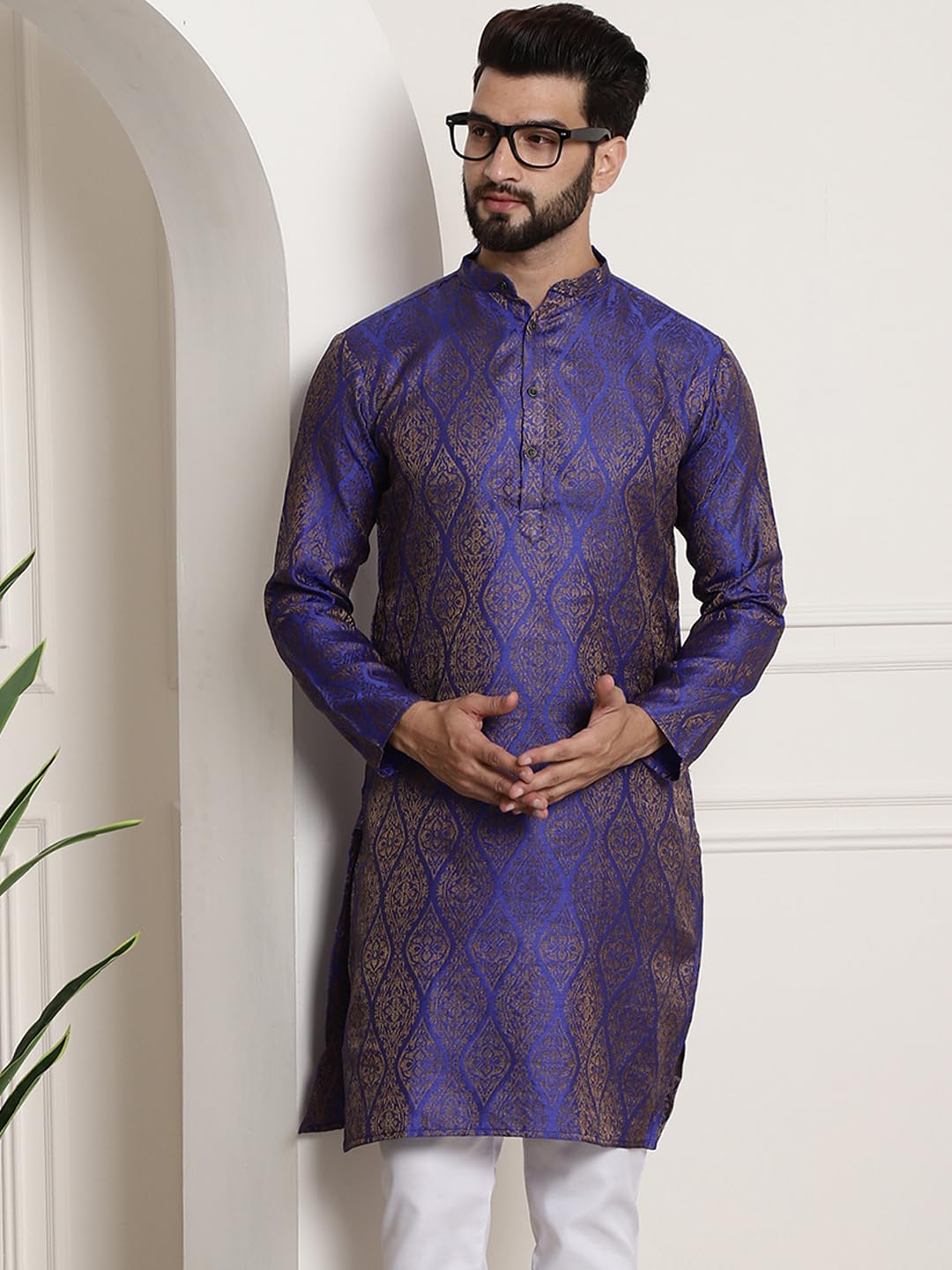 Sojanya (Since 1958 Men's Silk Blend Blue Color Self Design Only Long Kurta