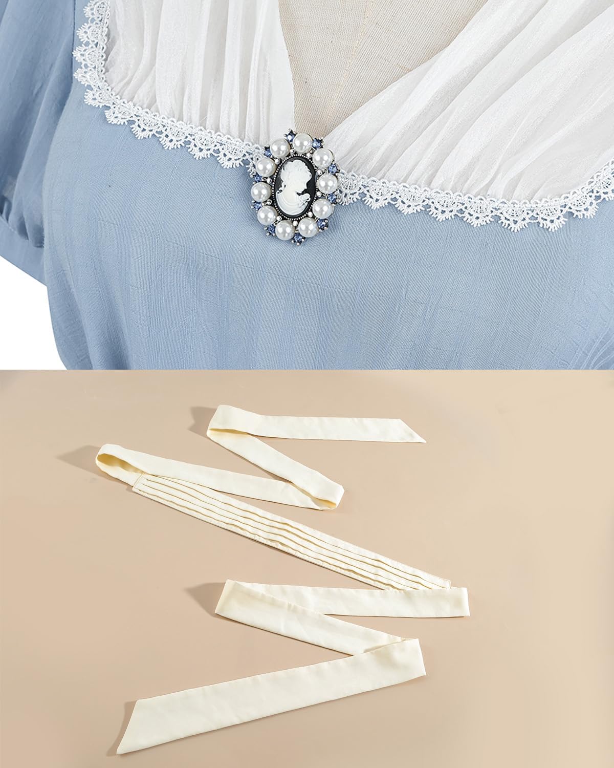 LTAKK Regency Dress Women Regency Costume Empire Waist Tea Party Dresses Victorian Gown with Sash and Brooch - Image 4